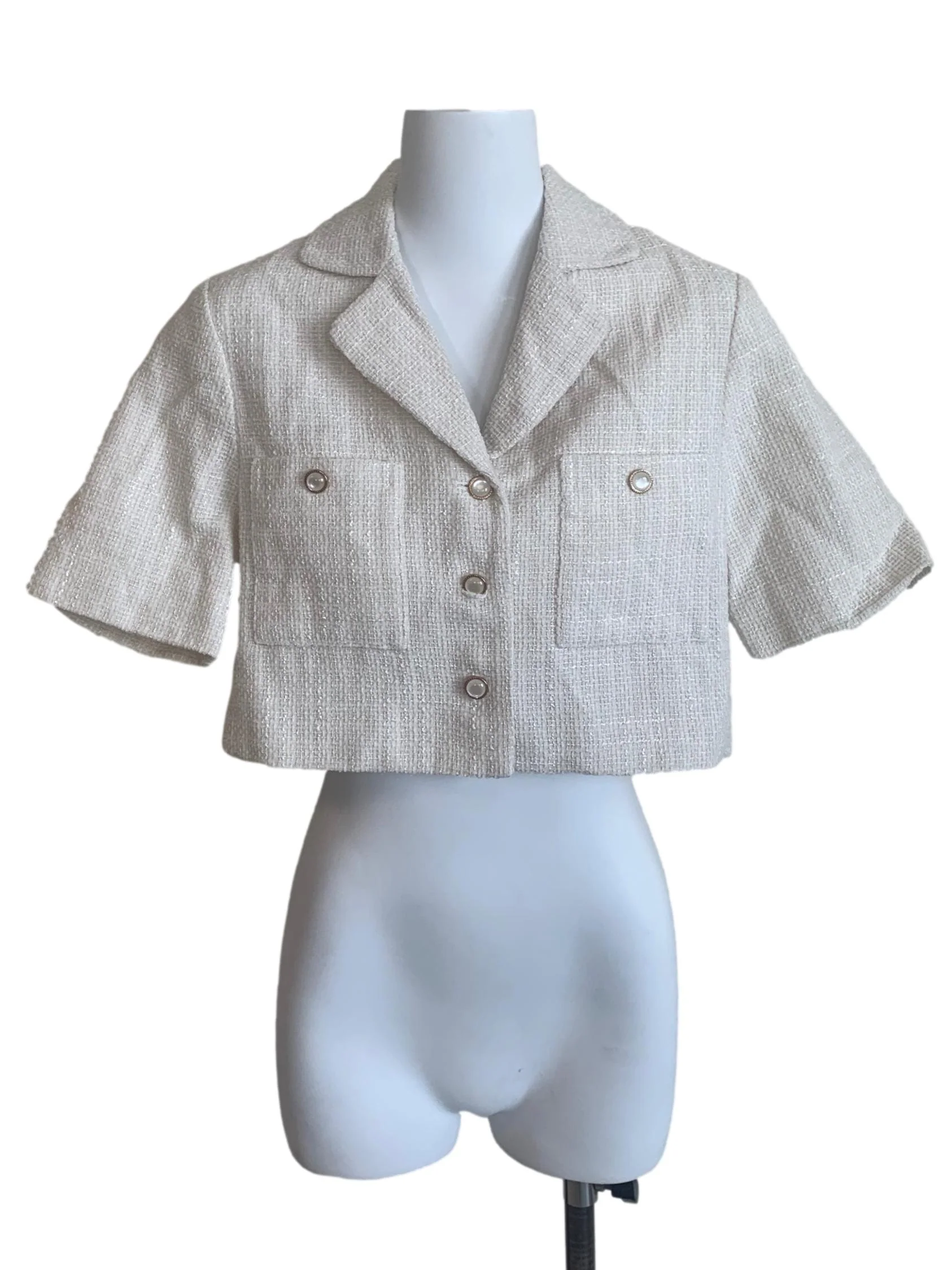 Alabaster White Tweed Cropped Button Up Top