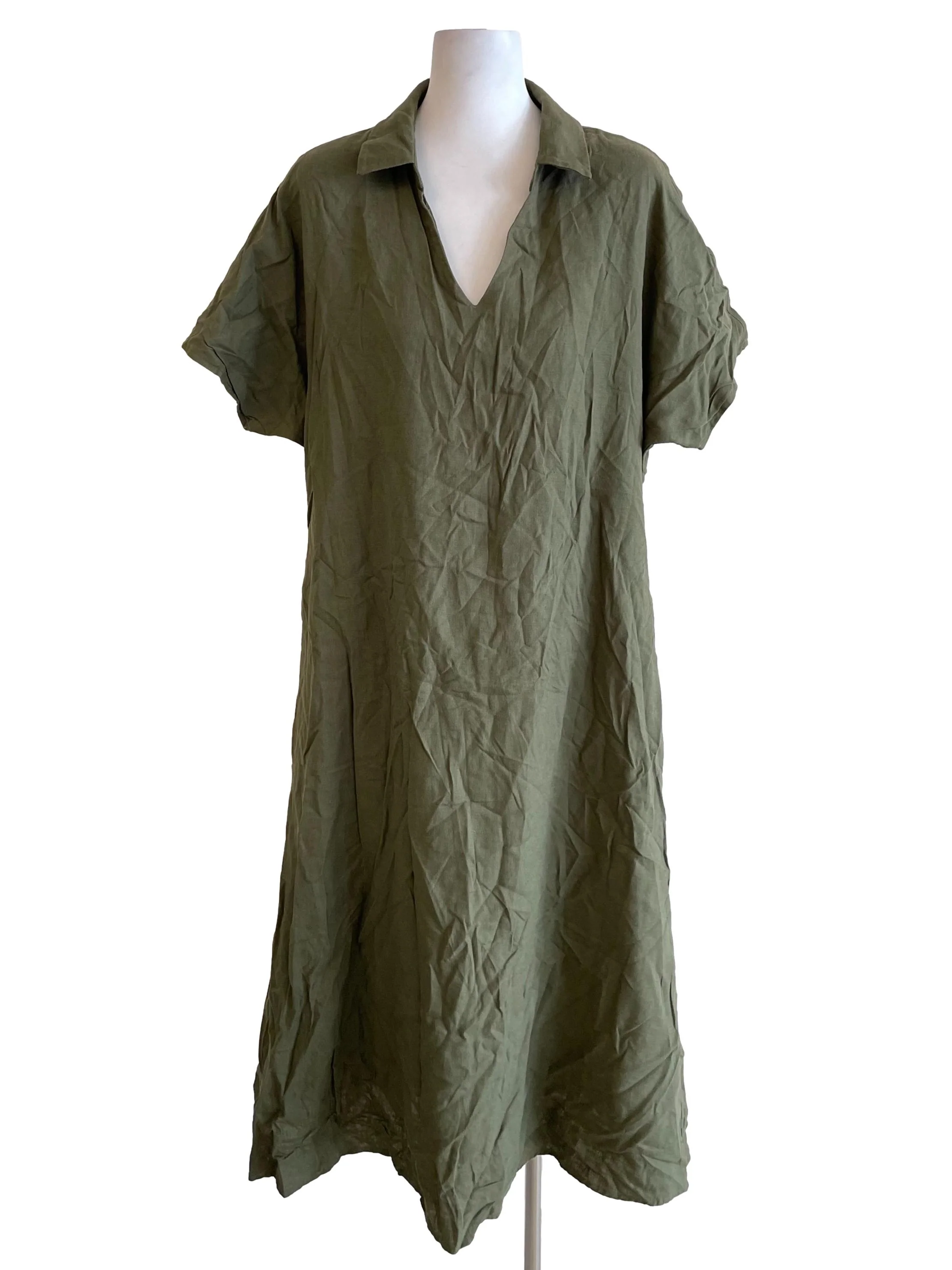 Army Green Linen Collared V-Neck Dress OSN