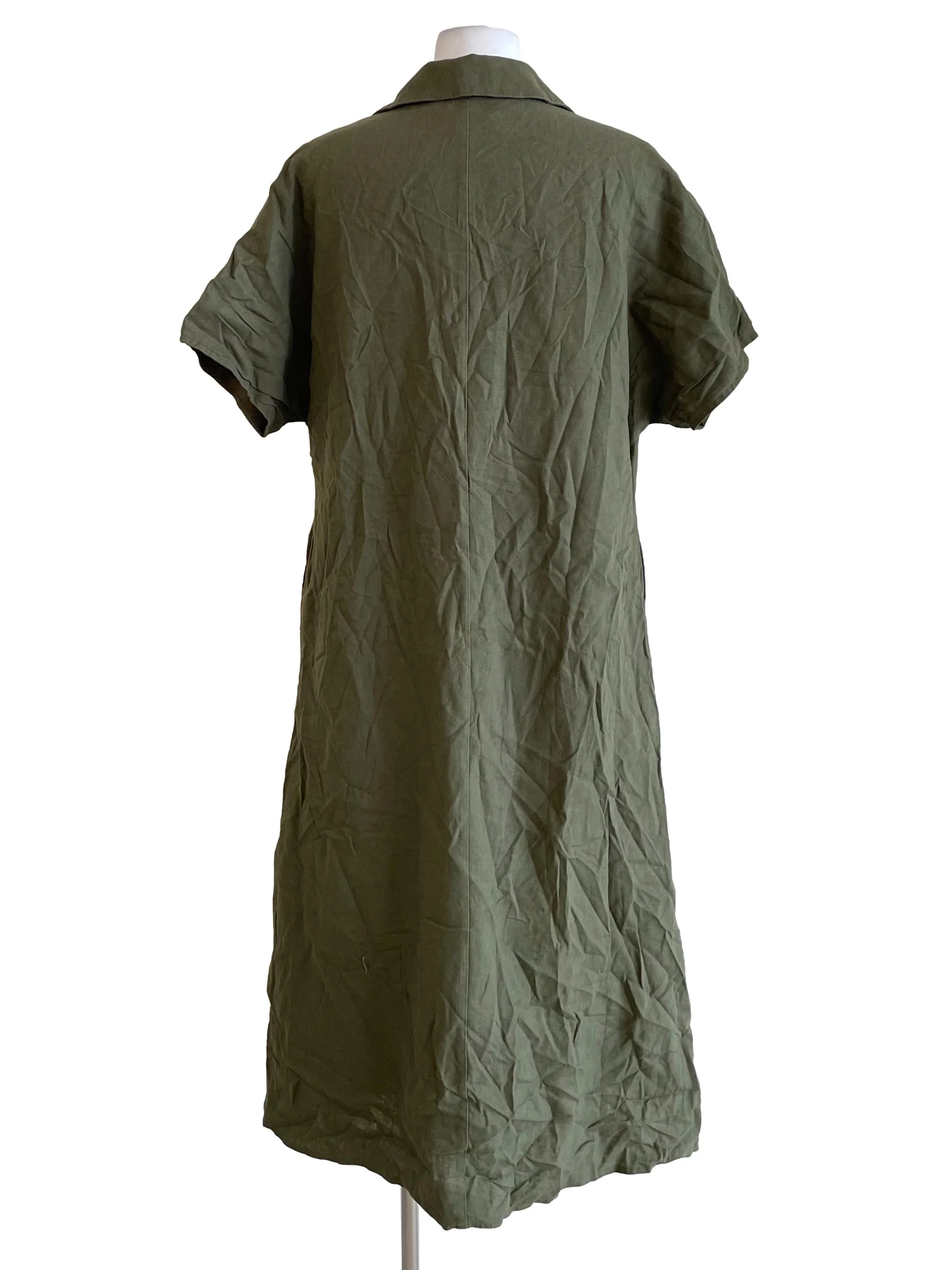Army Green Linen Collared V-Neck Dress OSN - Image 2
