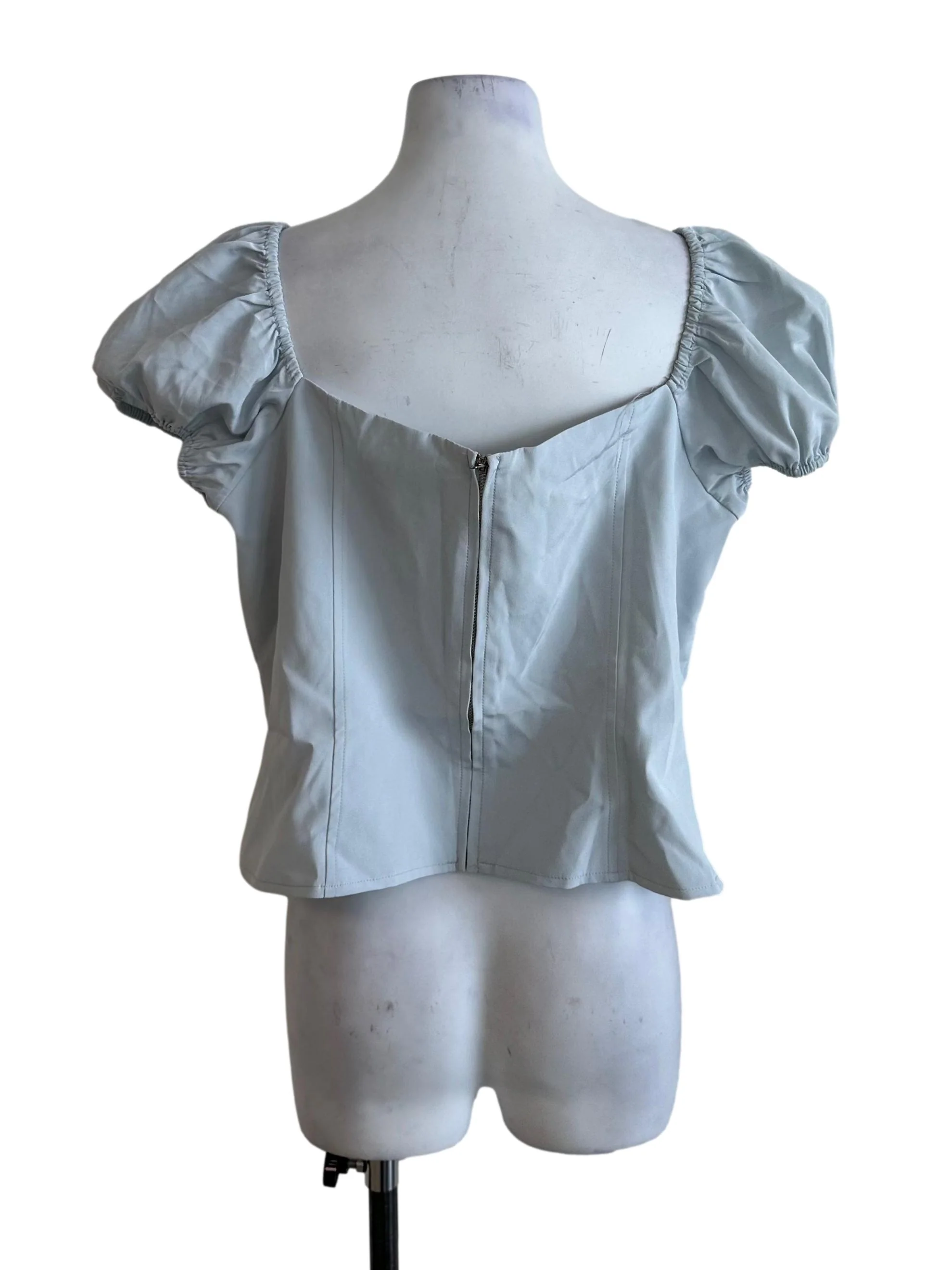 Ash Blue Ruched Button Puff Sleeve Top - Image 2