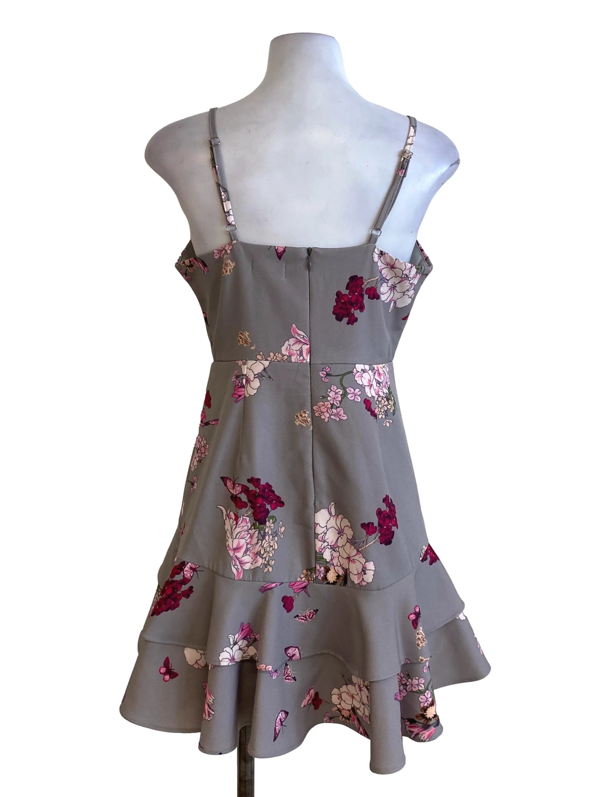 Ash Grey Floral Spaghetti Strap Layered Ruffled Sun Dress - Image 2