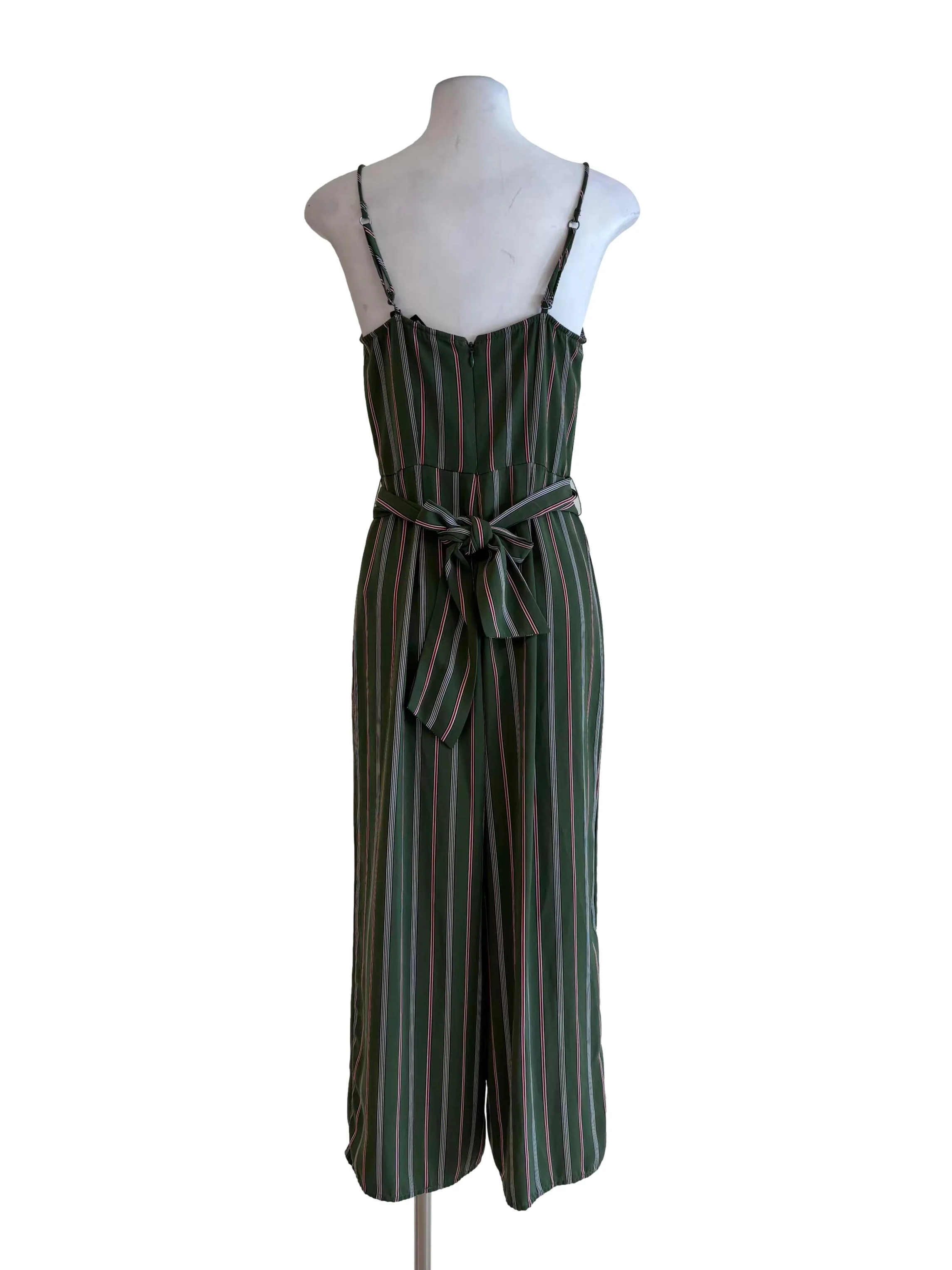 Avocado Green Red Stripe Apron Neck Jumpsuit - Image 2