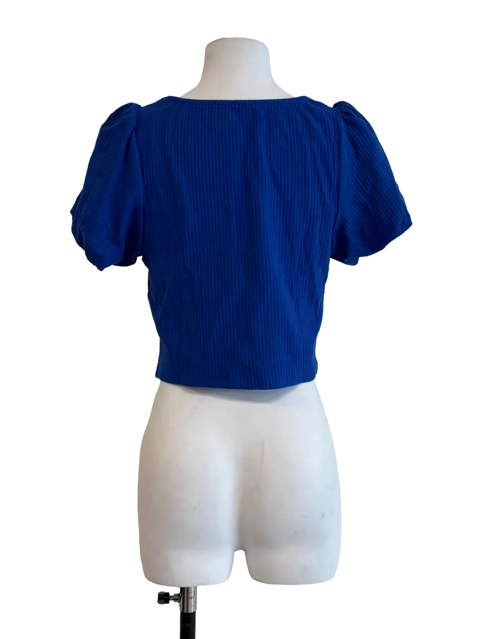 Azure Blue Puff Sleeve Ribbed Top - Image 2