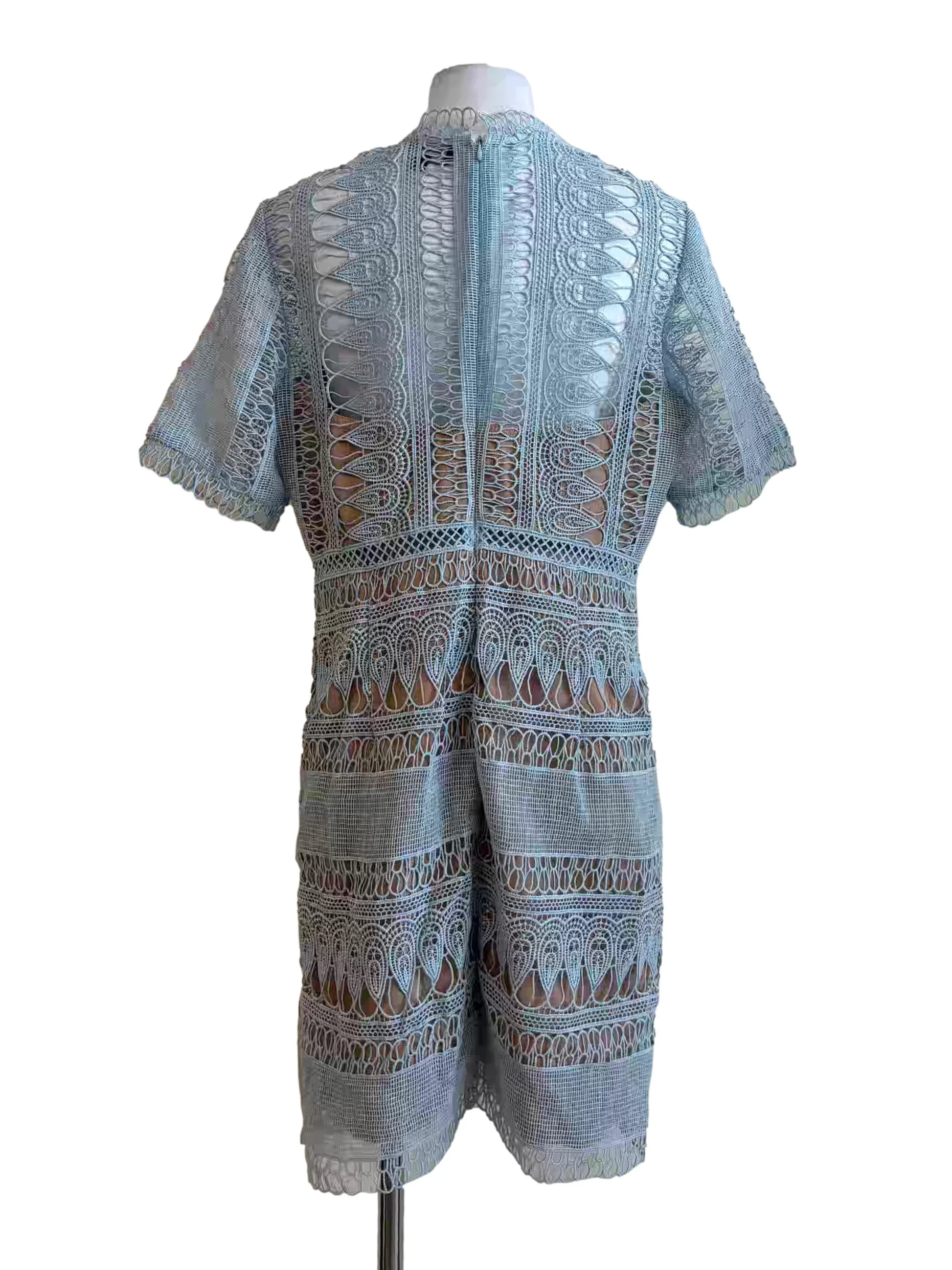 Baby Blue Nude Lining Short Sleeve Lace Dress - Image 2