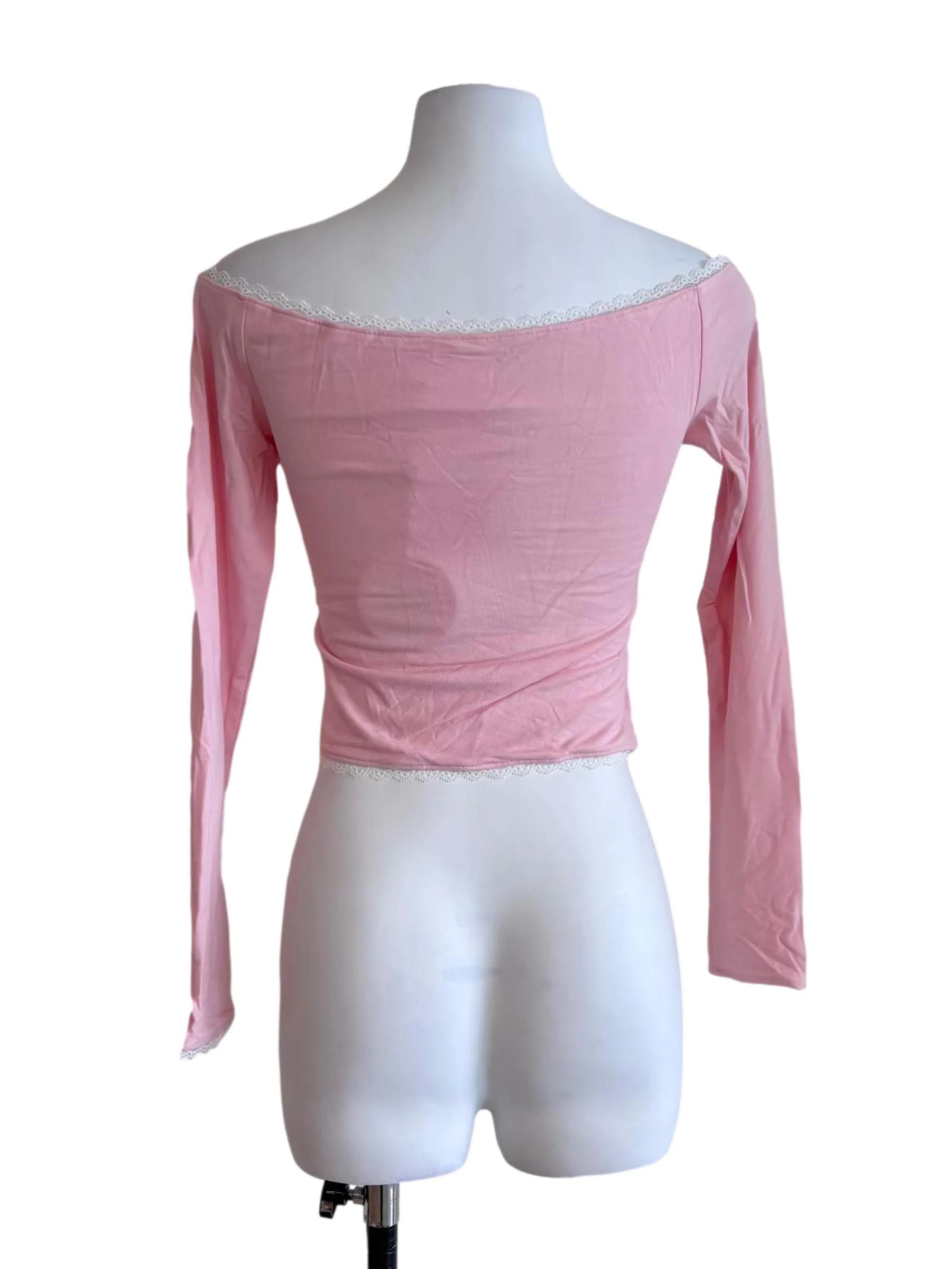 Baby Pink Lace Hem Long Sleeve Top - Image 2