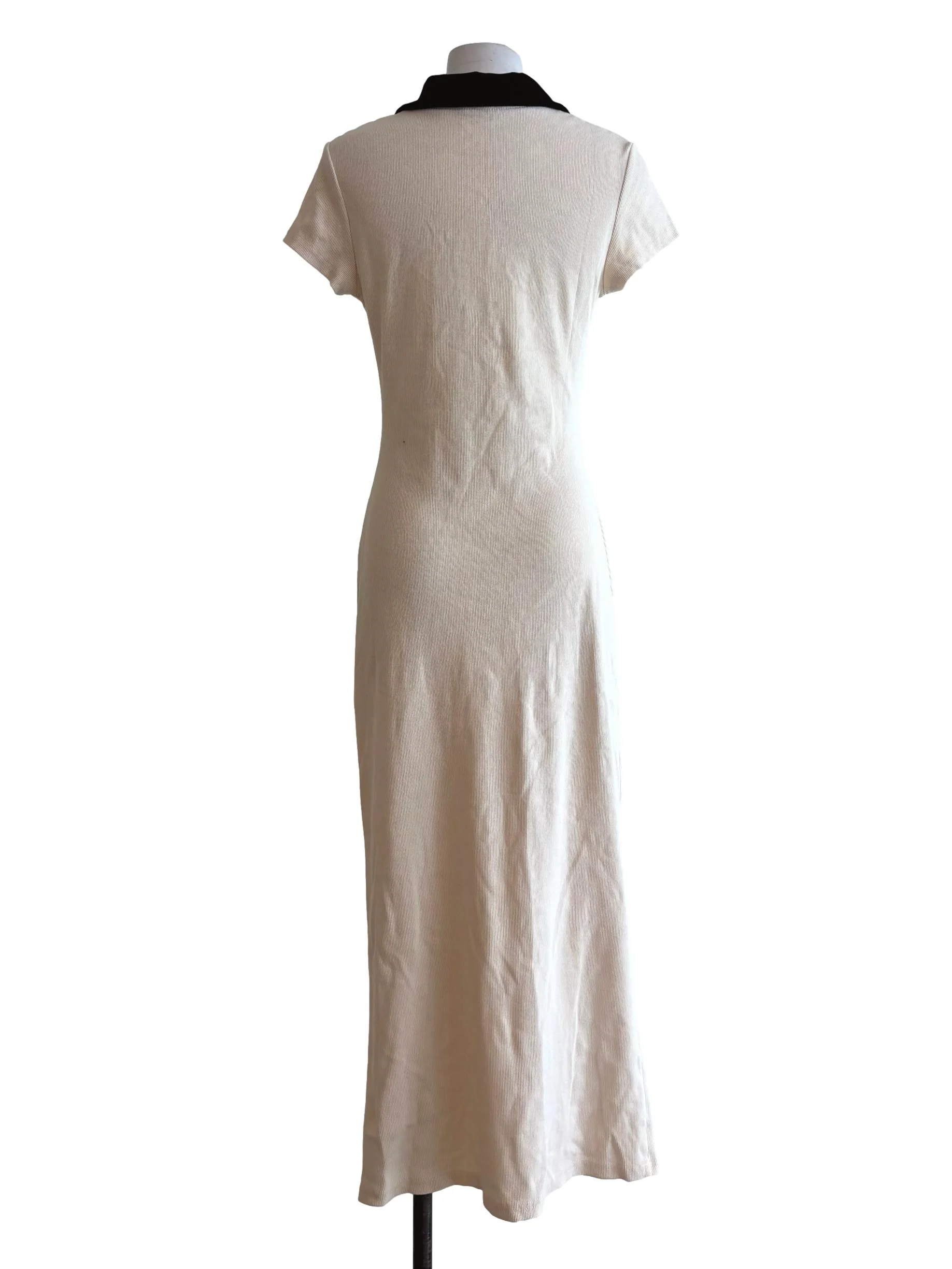 Beige Black Collar Short Sleeve Ribbed Dress - Image 2