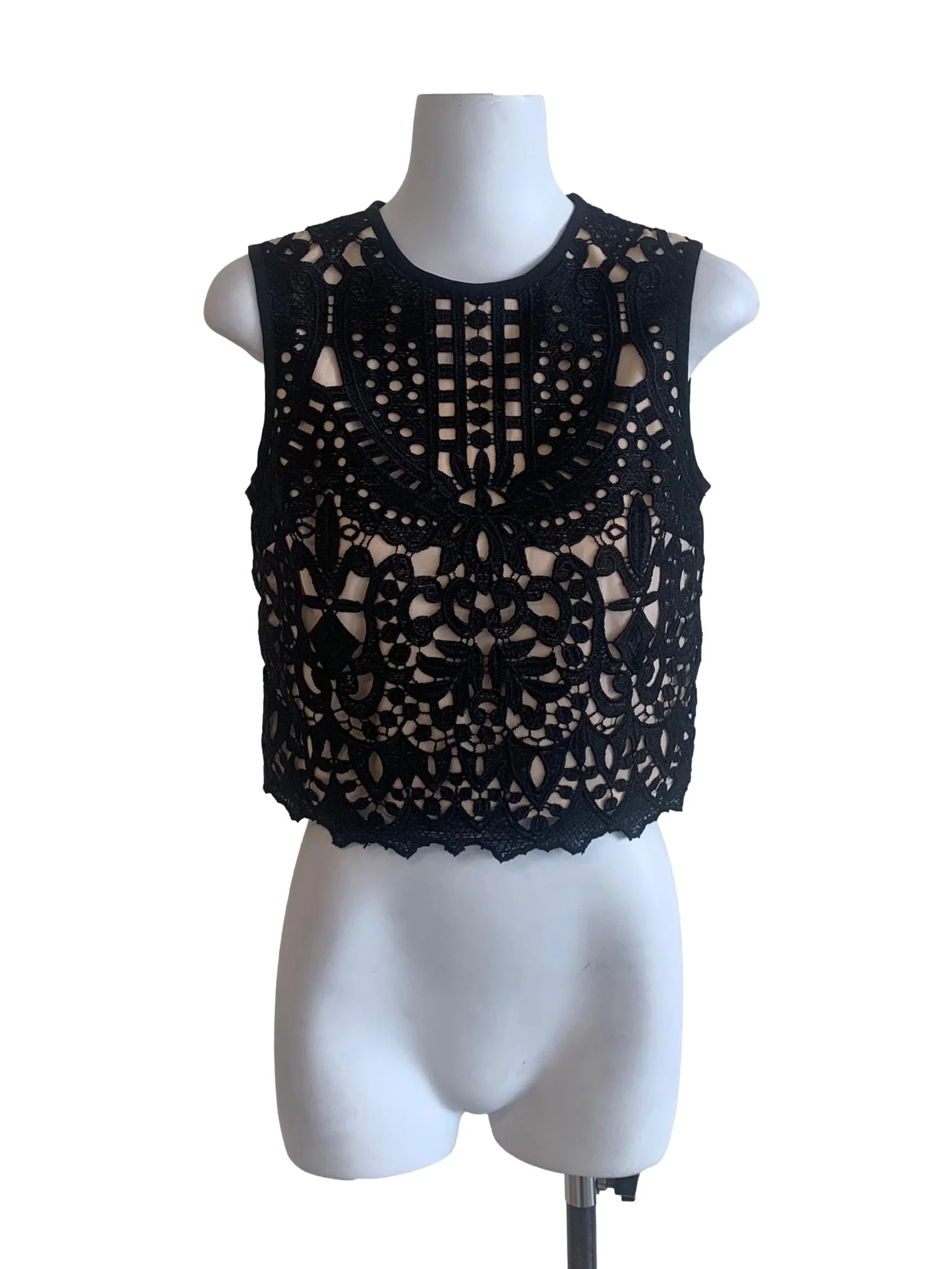 Beige Black Lace Pattern Top