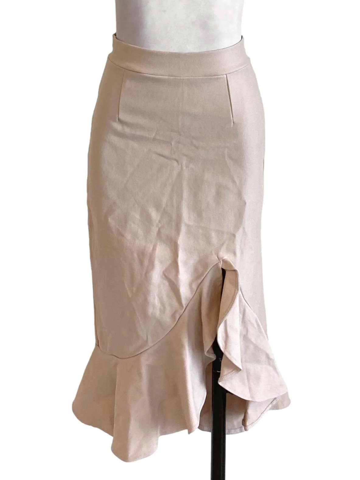 Beige Brown Ruffle End Pencil Slit Skirt