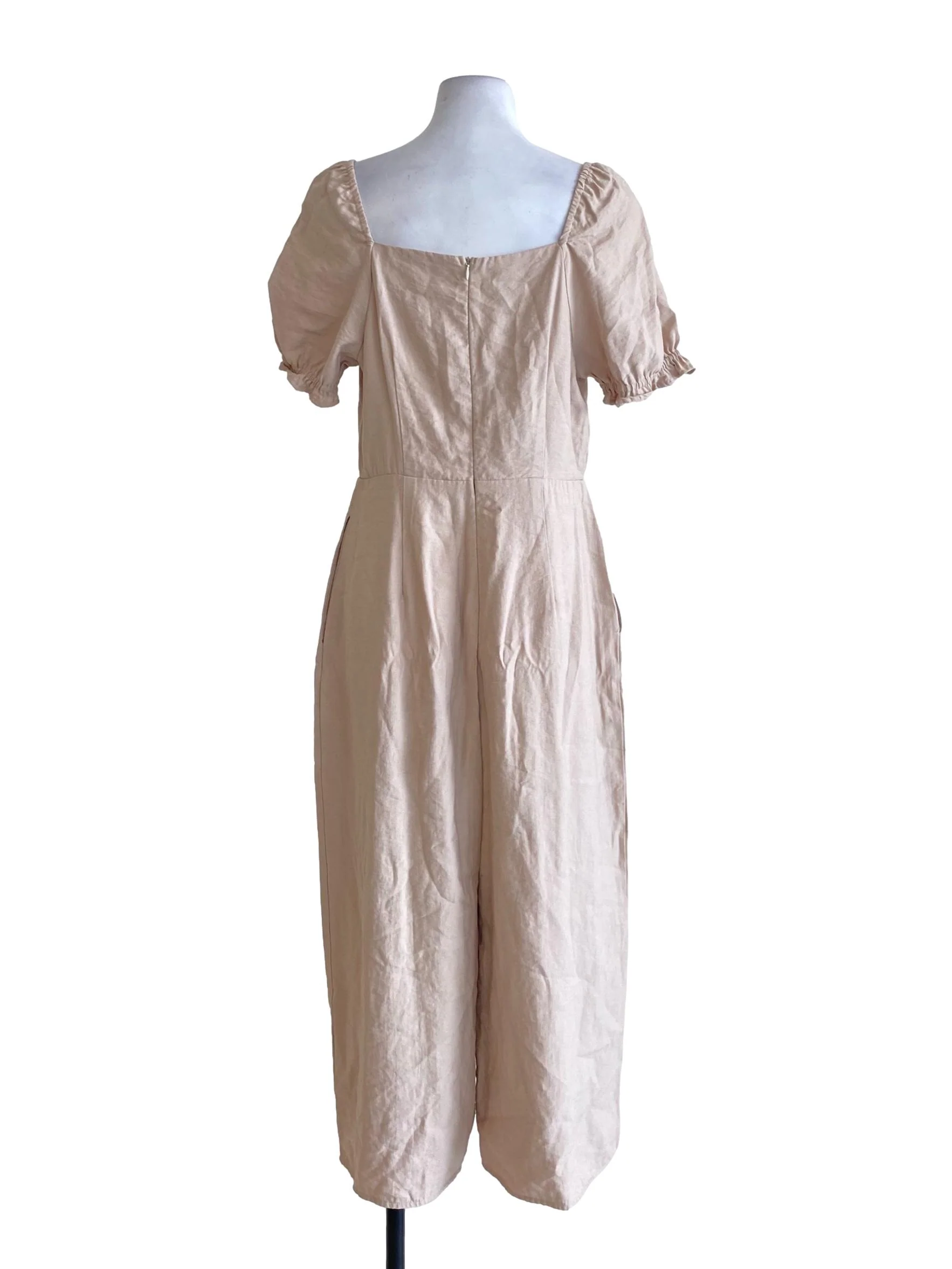 Beige Brown Square Neck Peasant Shirt Jumpsuit - Image 2