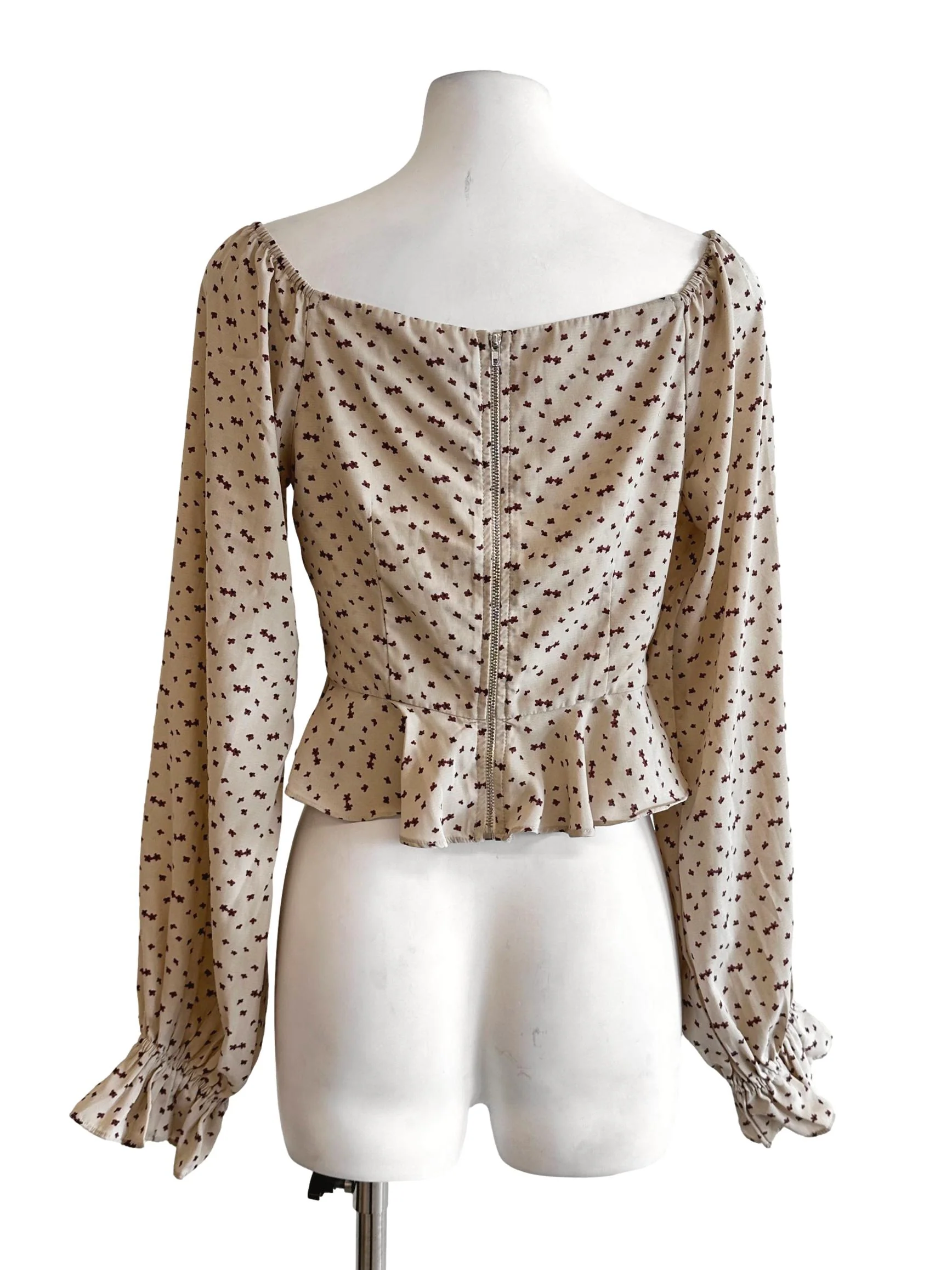 Beige Flower Pattern Long Sleeves Crop Top YHF - Image 2