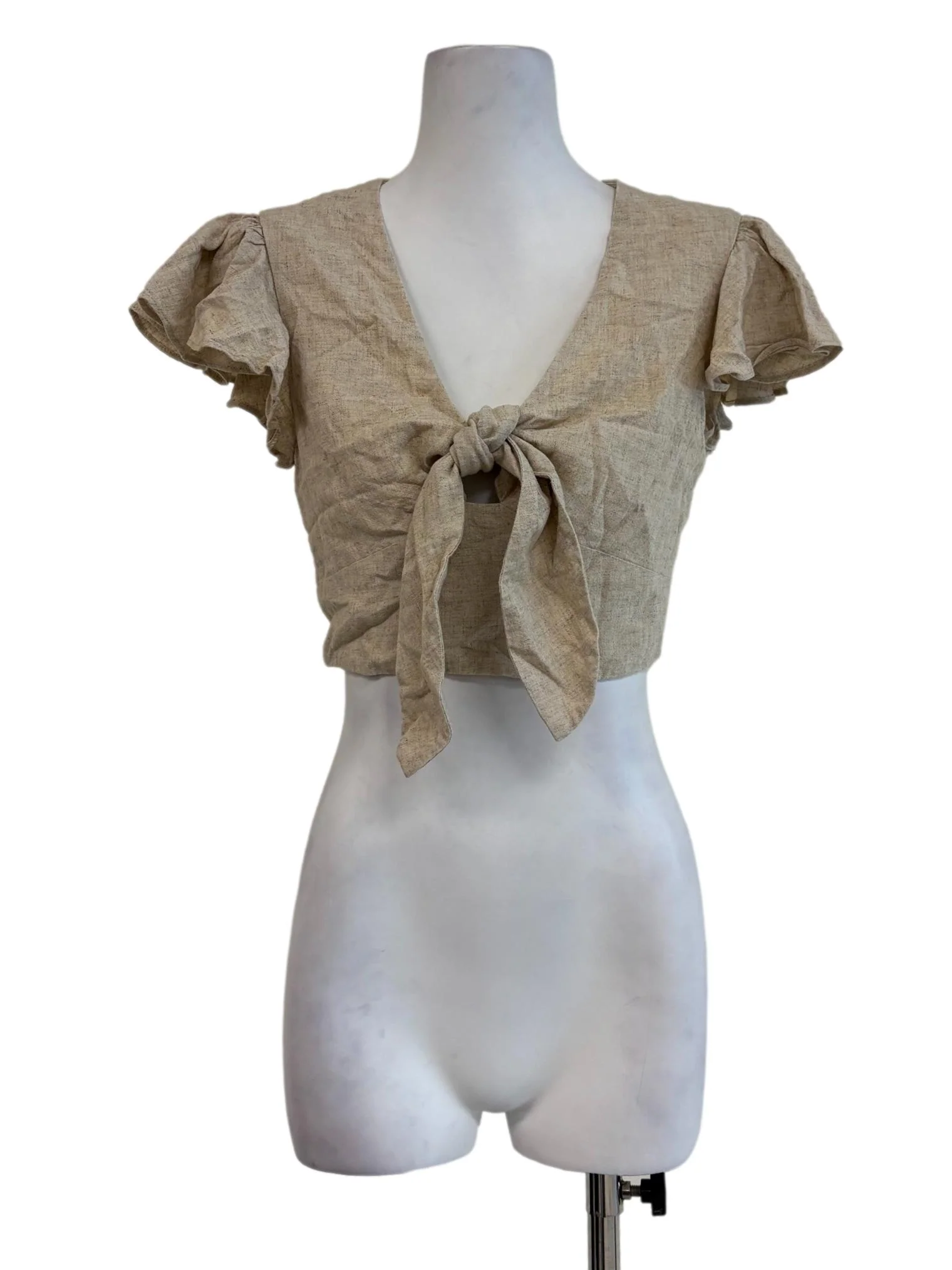 Beige Front Knot Linen Crop Top