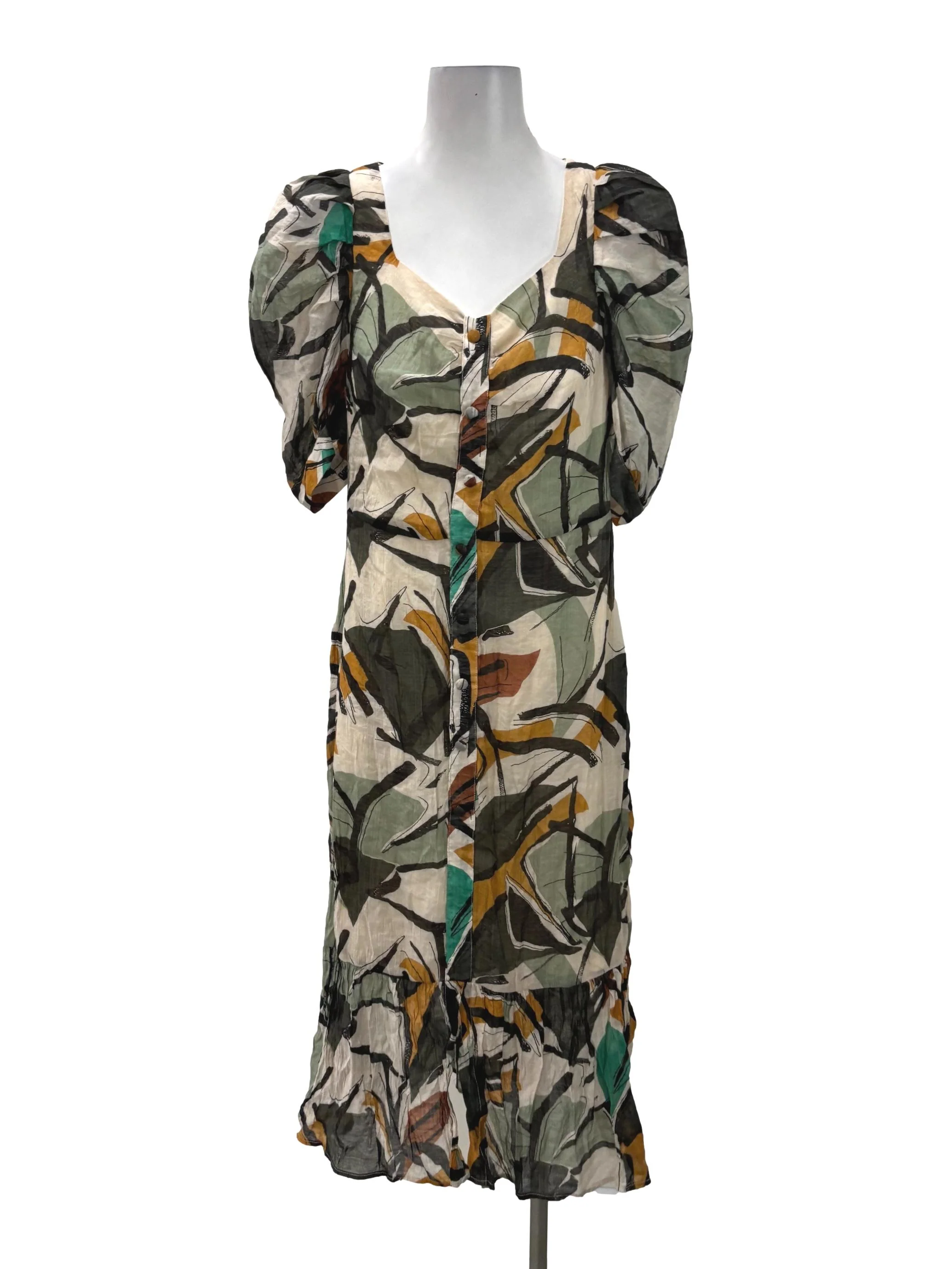 Beige Square Neck Abstract Midi Dress