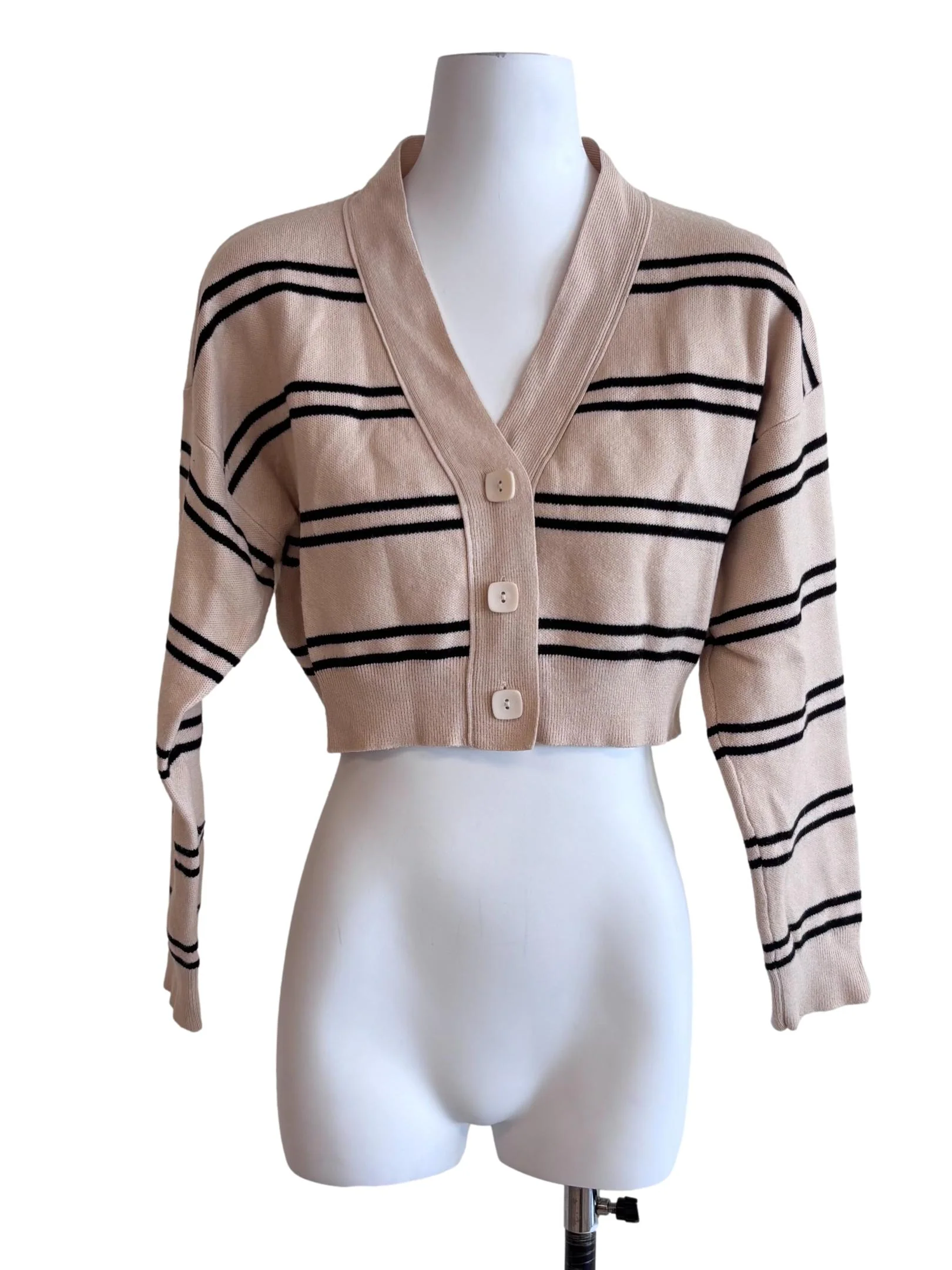 Beige Stripe Crop Knit Cardigan