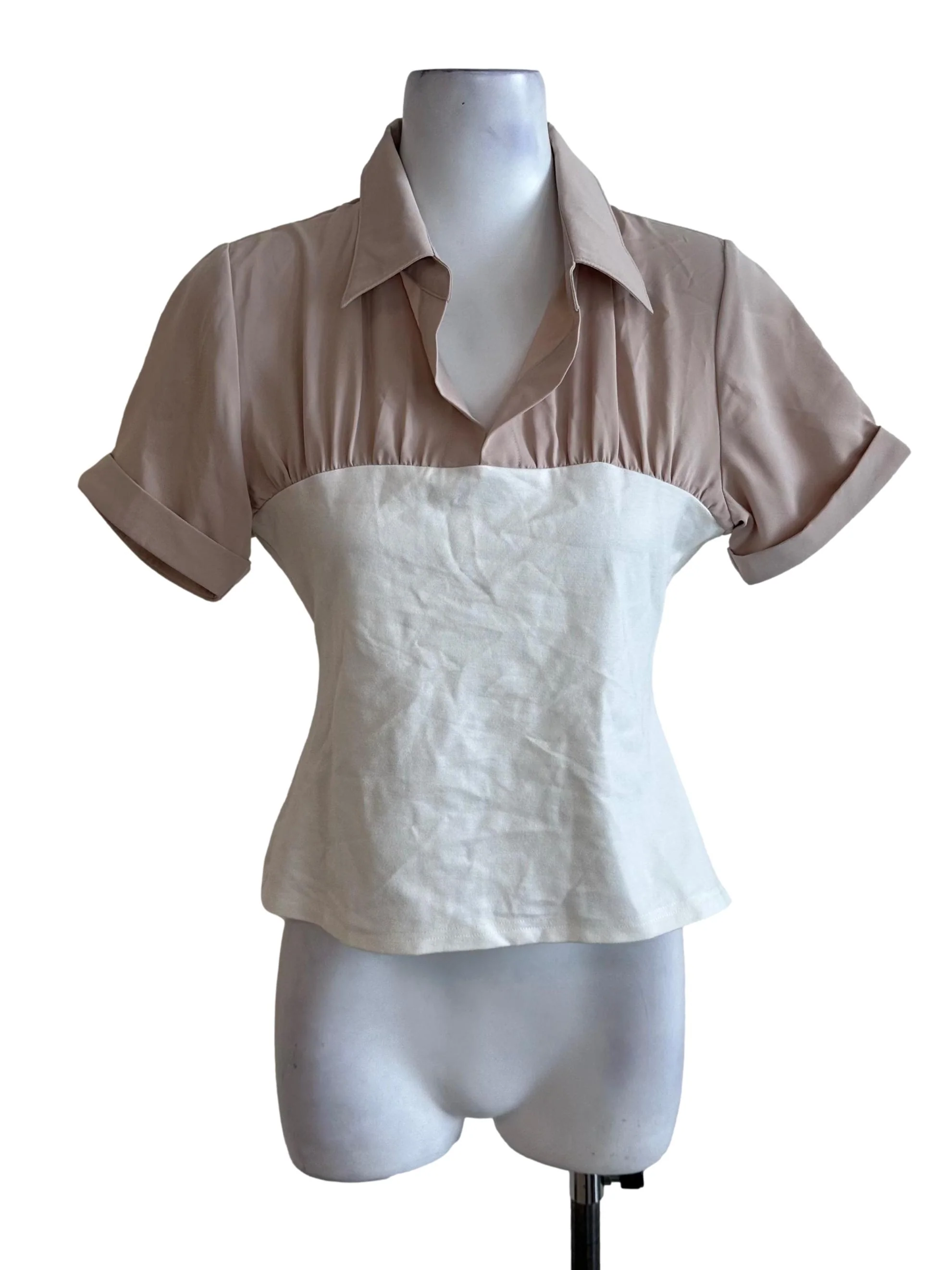 Beige White Collar Fitted Top