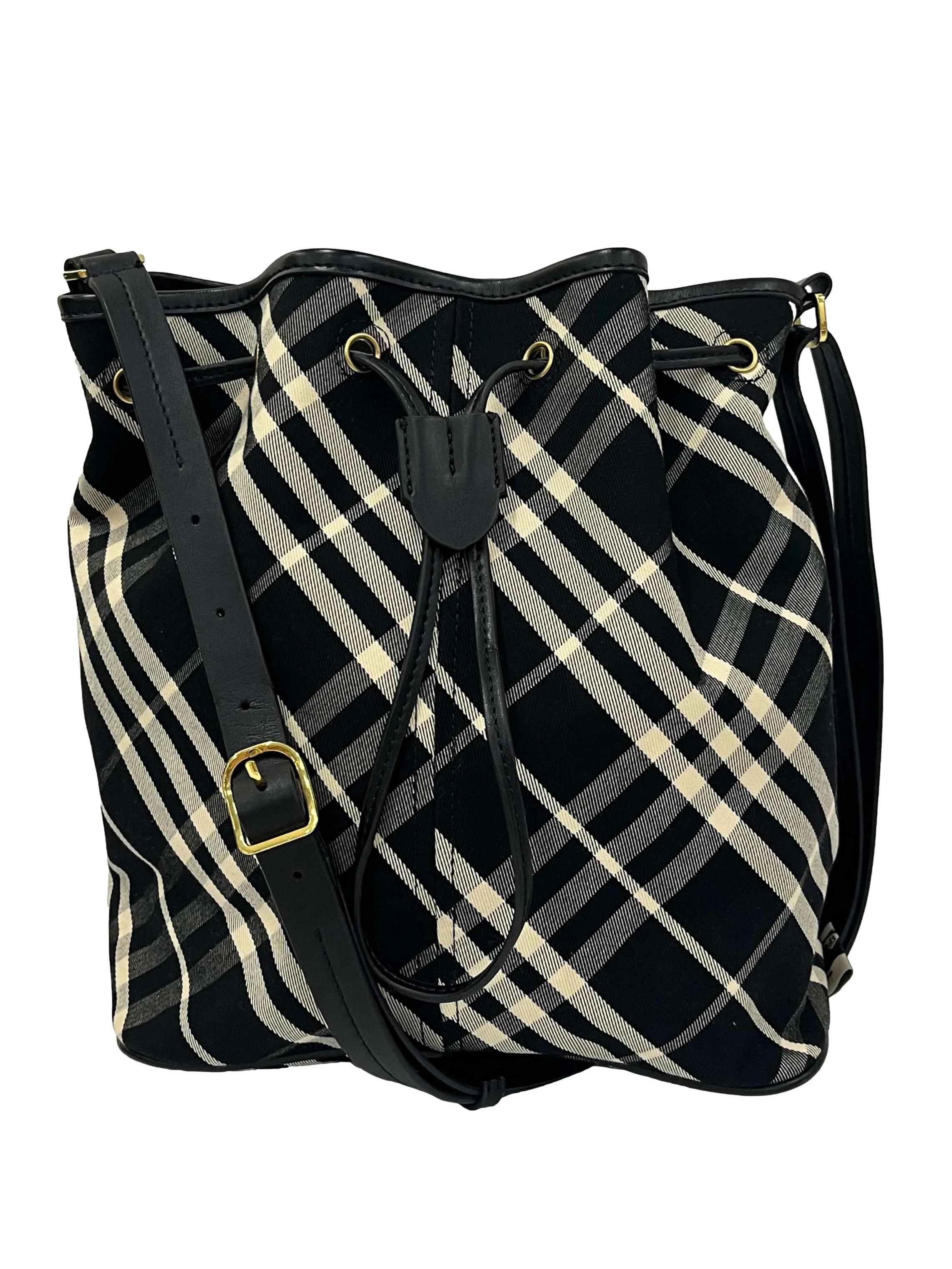 Black And Beige Medium Check Drawstring Bucket Bag CSN