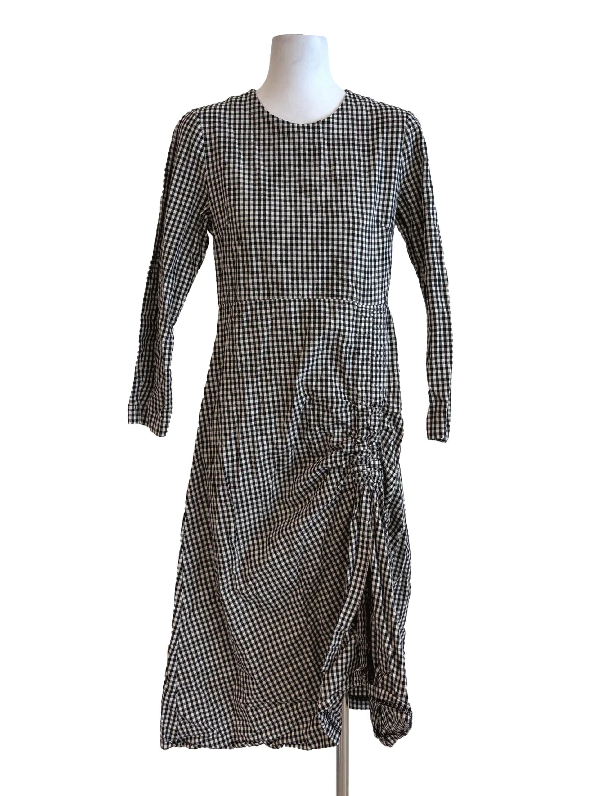 Black And White Side Ruched Gingham Dress