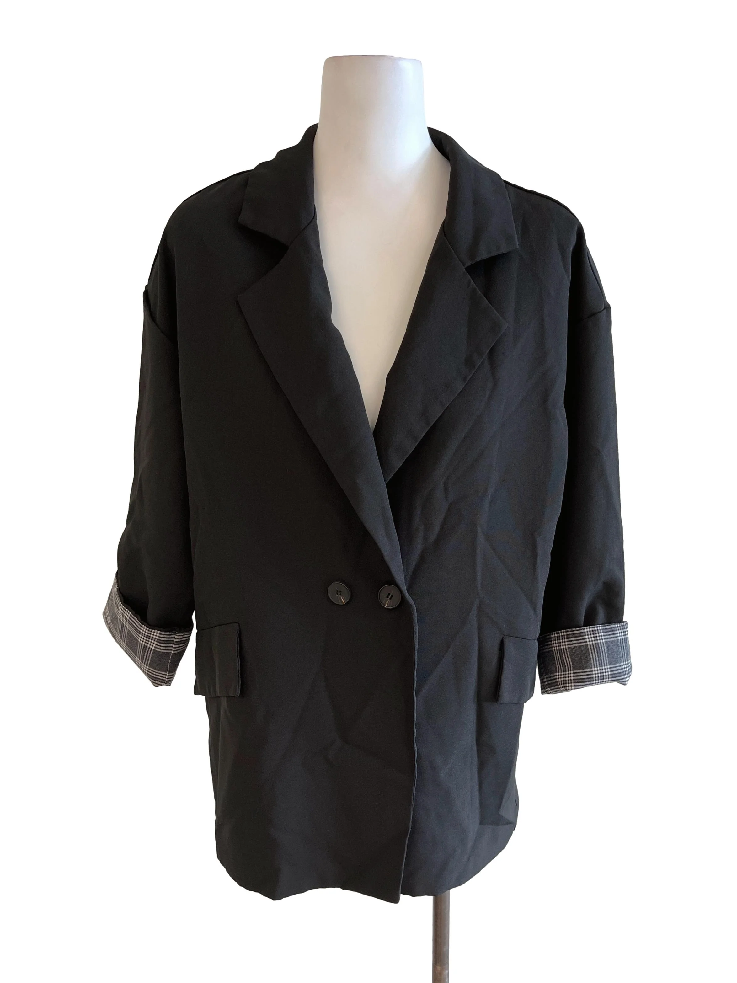 Black Blazer With Plaid Pattern Inside Sleeve