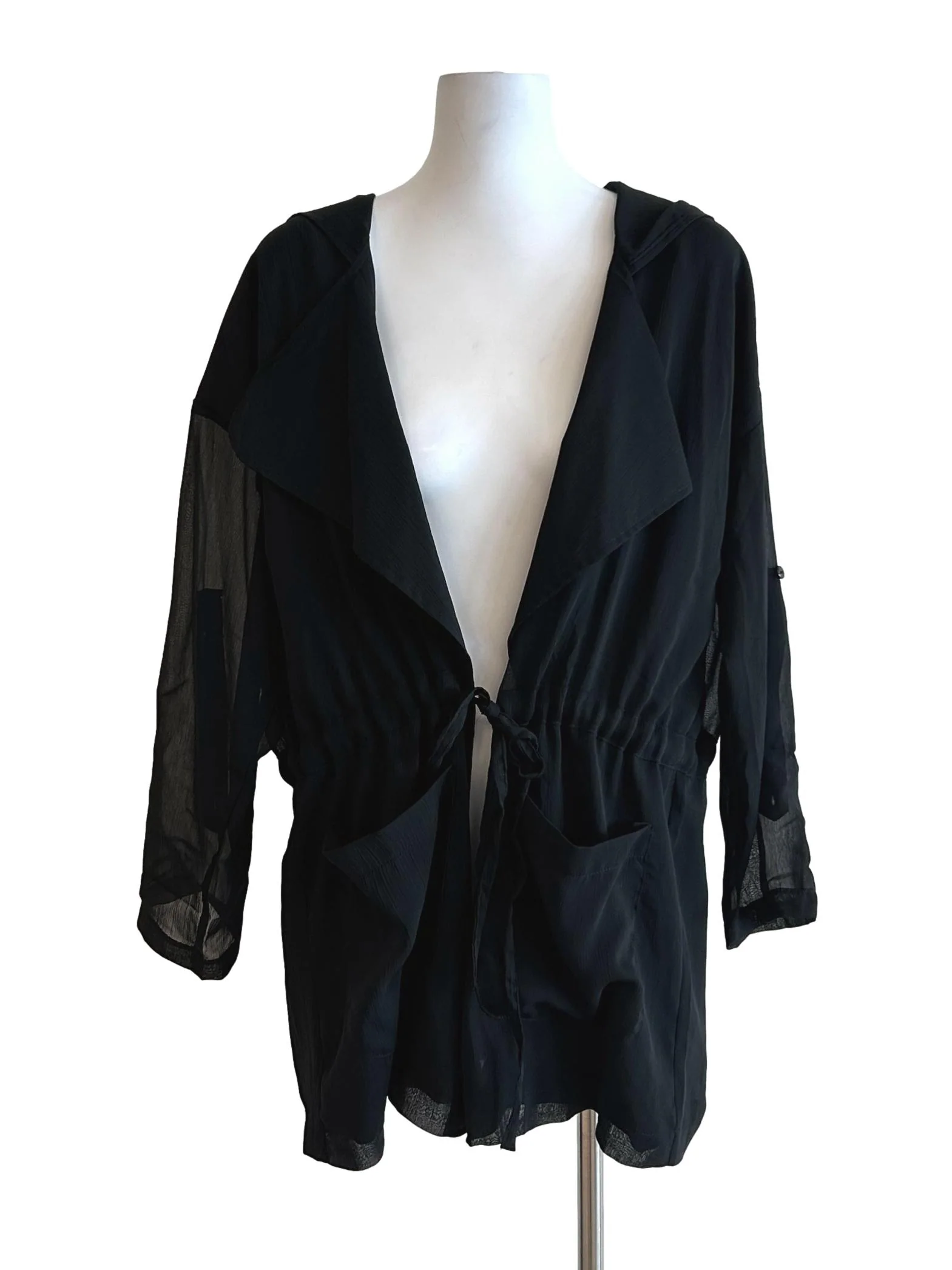 Black Chiffon Hooded Outerwear
