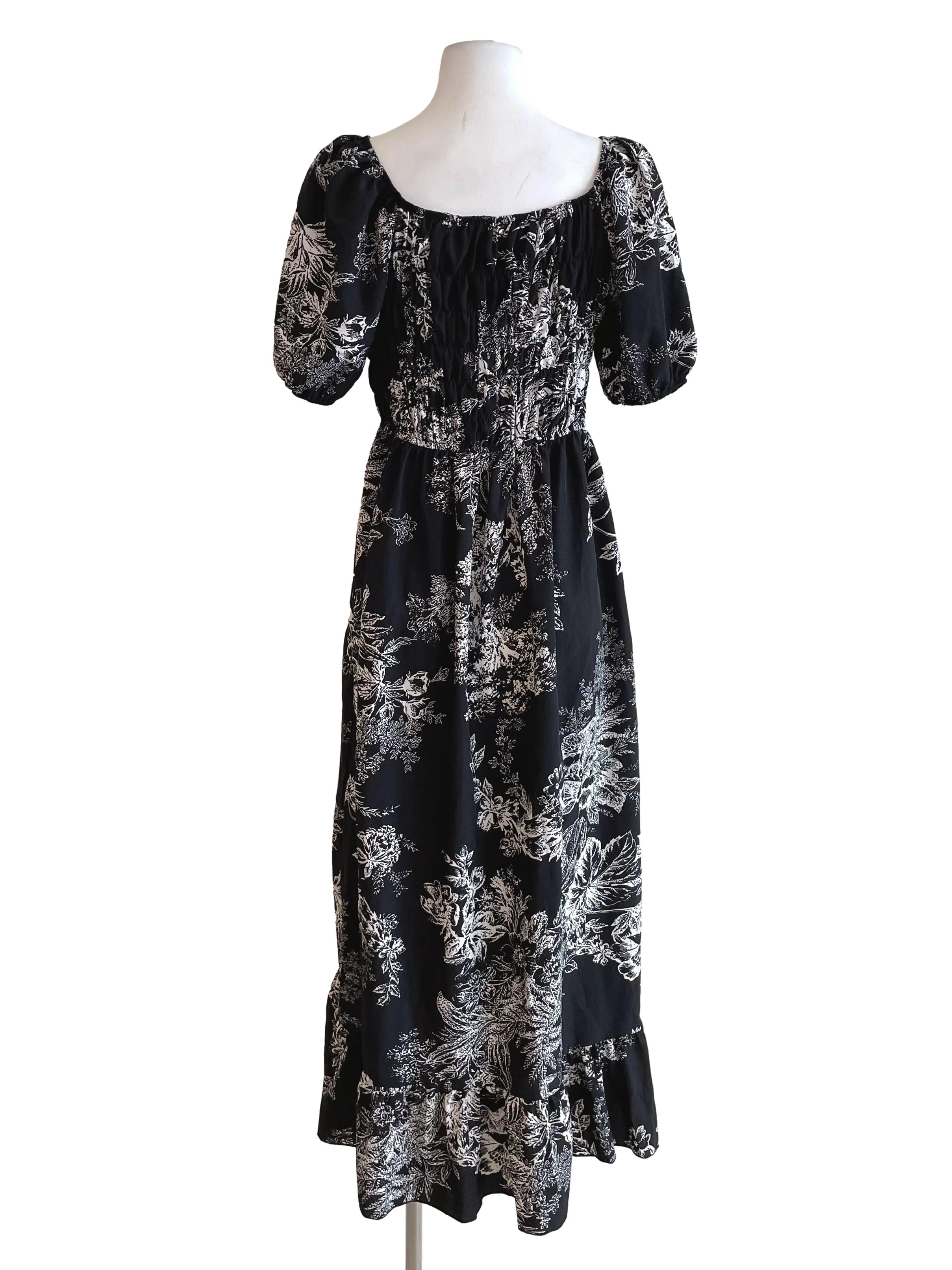 Black Floral Shirred Dress - Image 2
