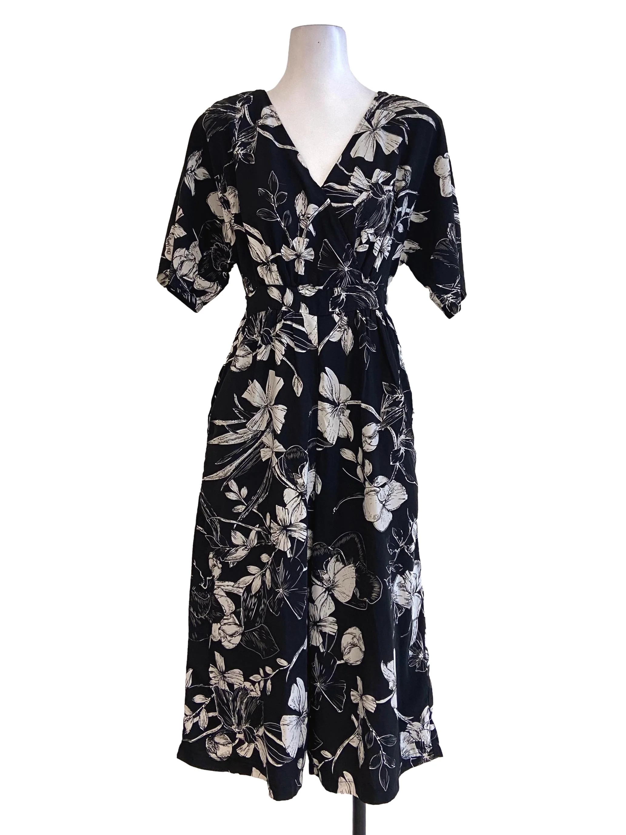 Black Floral V Neck Jumpsuit