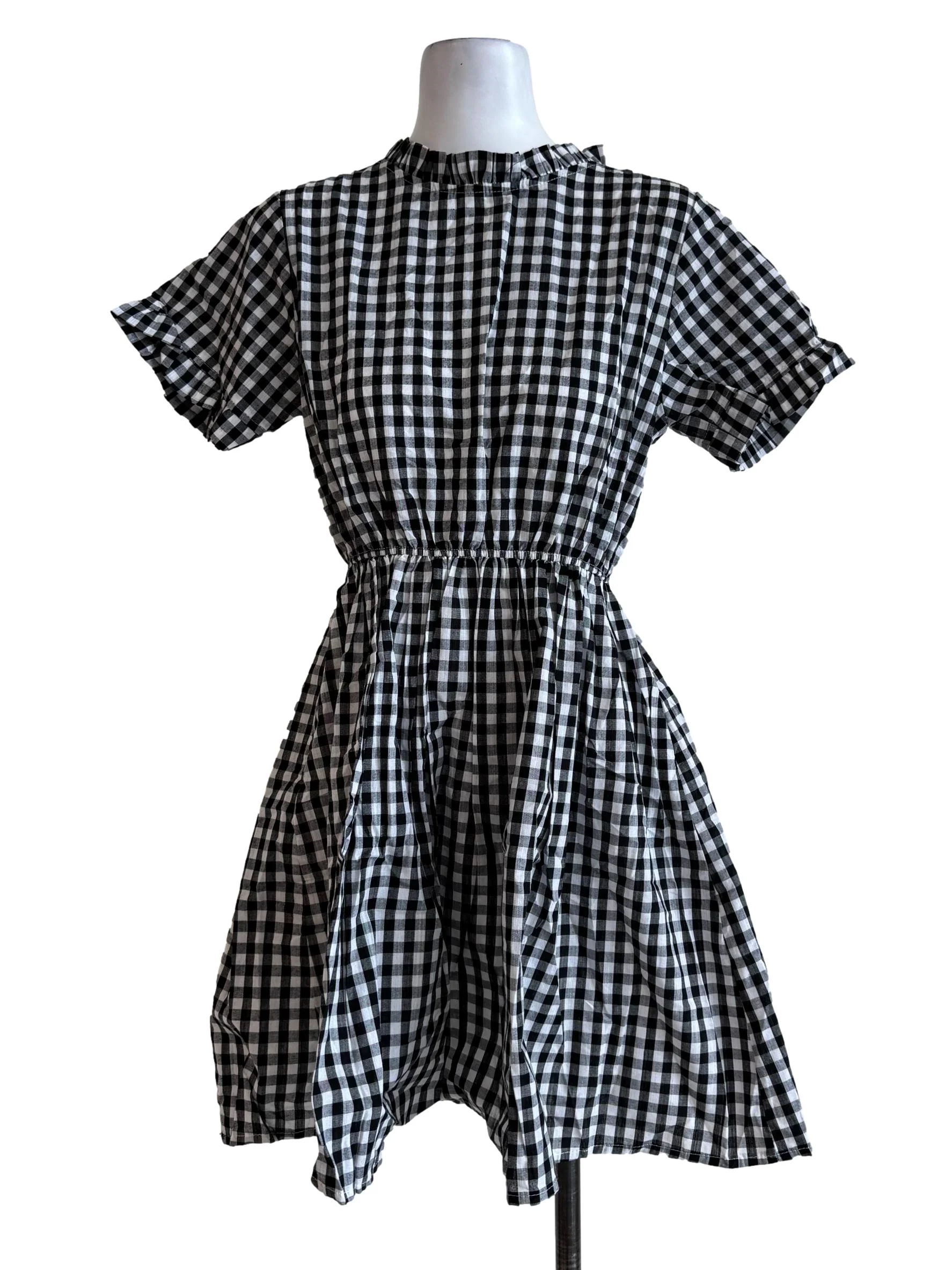 Black Gingham Short Sleeve Dress