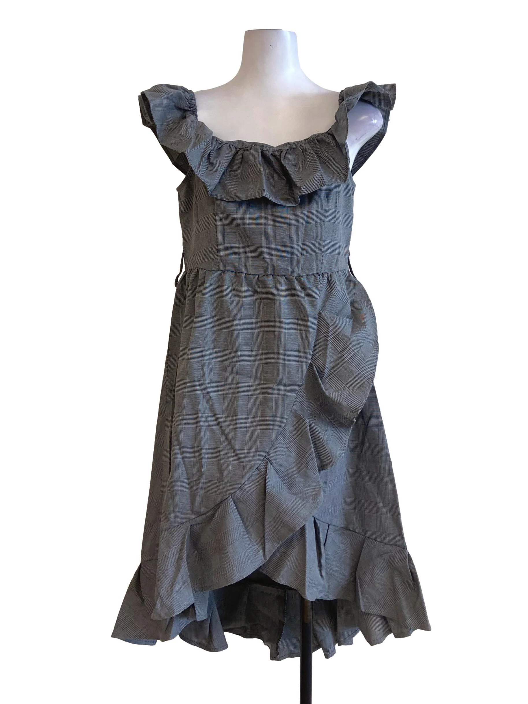 Black Glen Check Asymmetric Ruffle Sleeveless Dress TEM