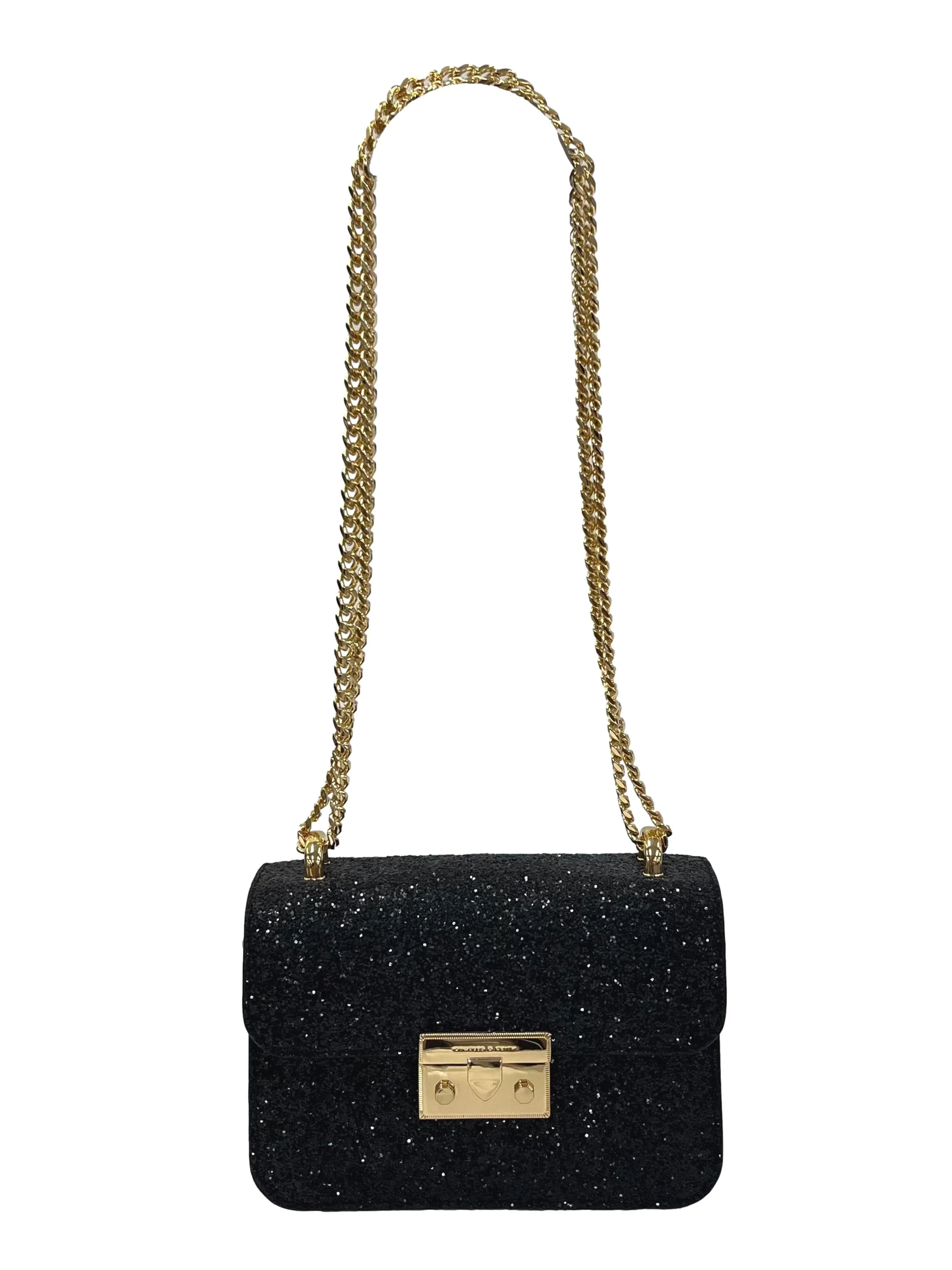 Black Glittery Push-Lock Chain Handle Bag