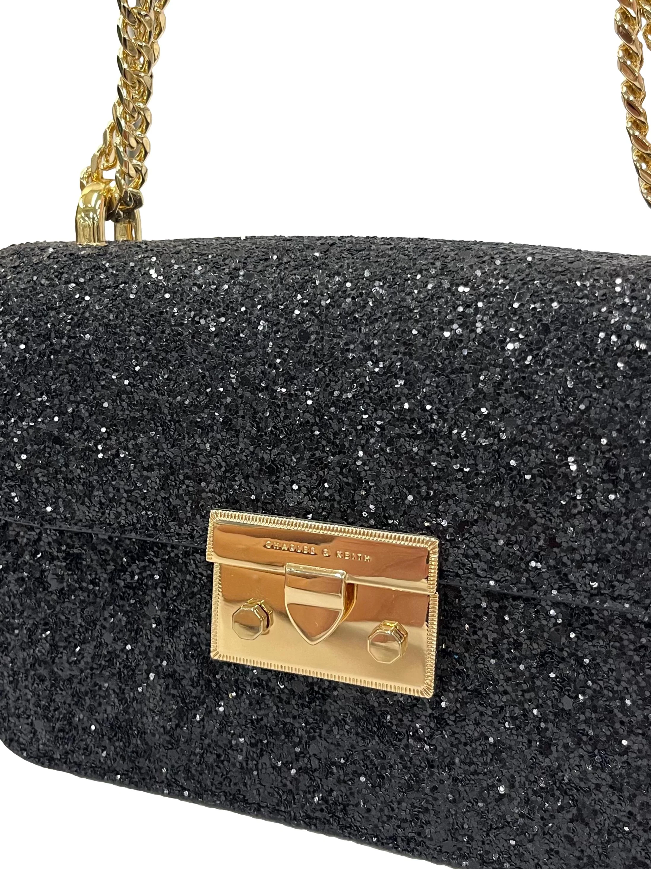 Black Glittery Push-Lock Chain Handle Bag - Image 5