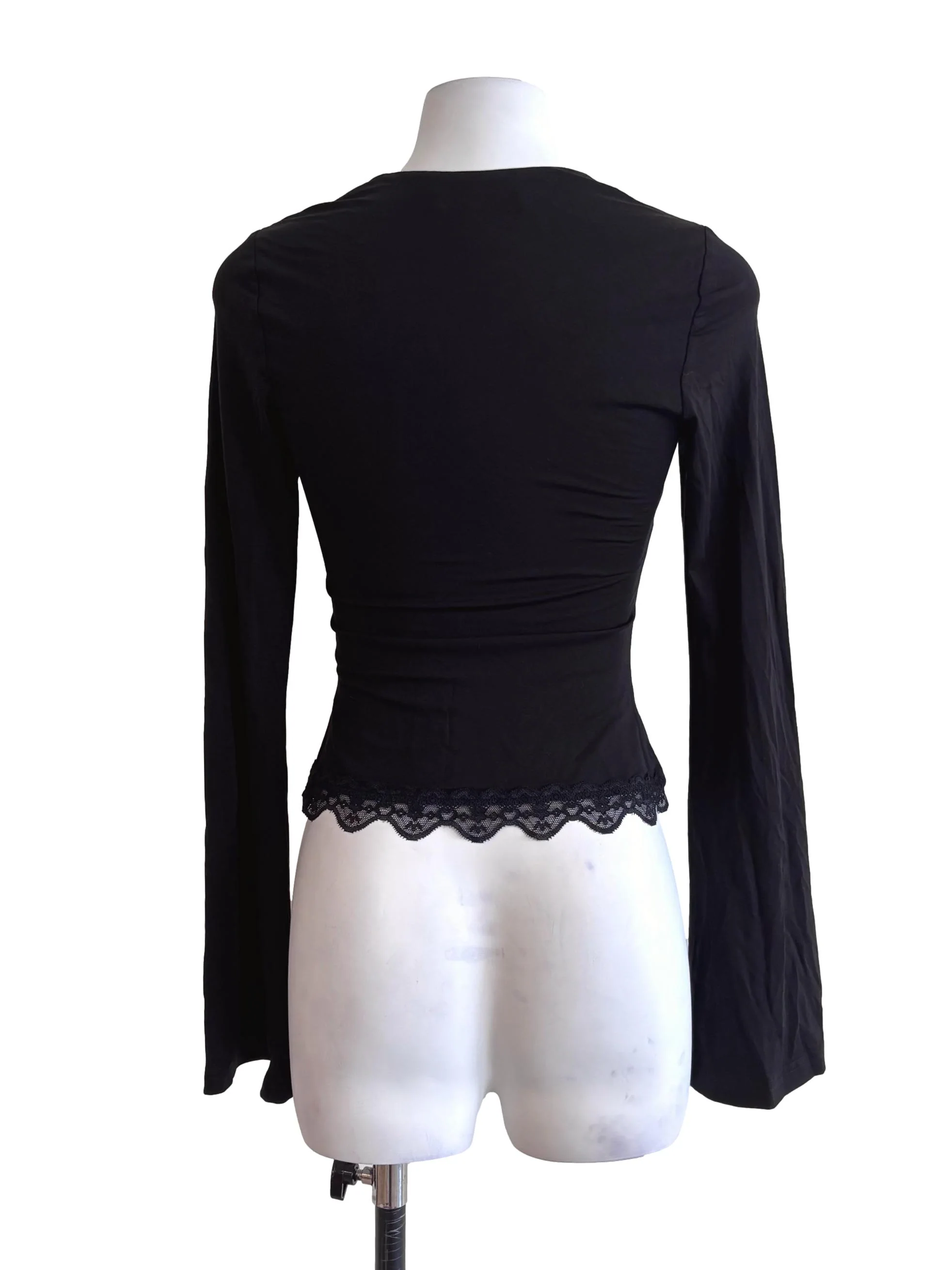 Black Lace Hem Ribbed Long Sleeve Top - Image 2