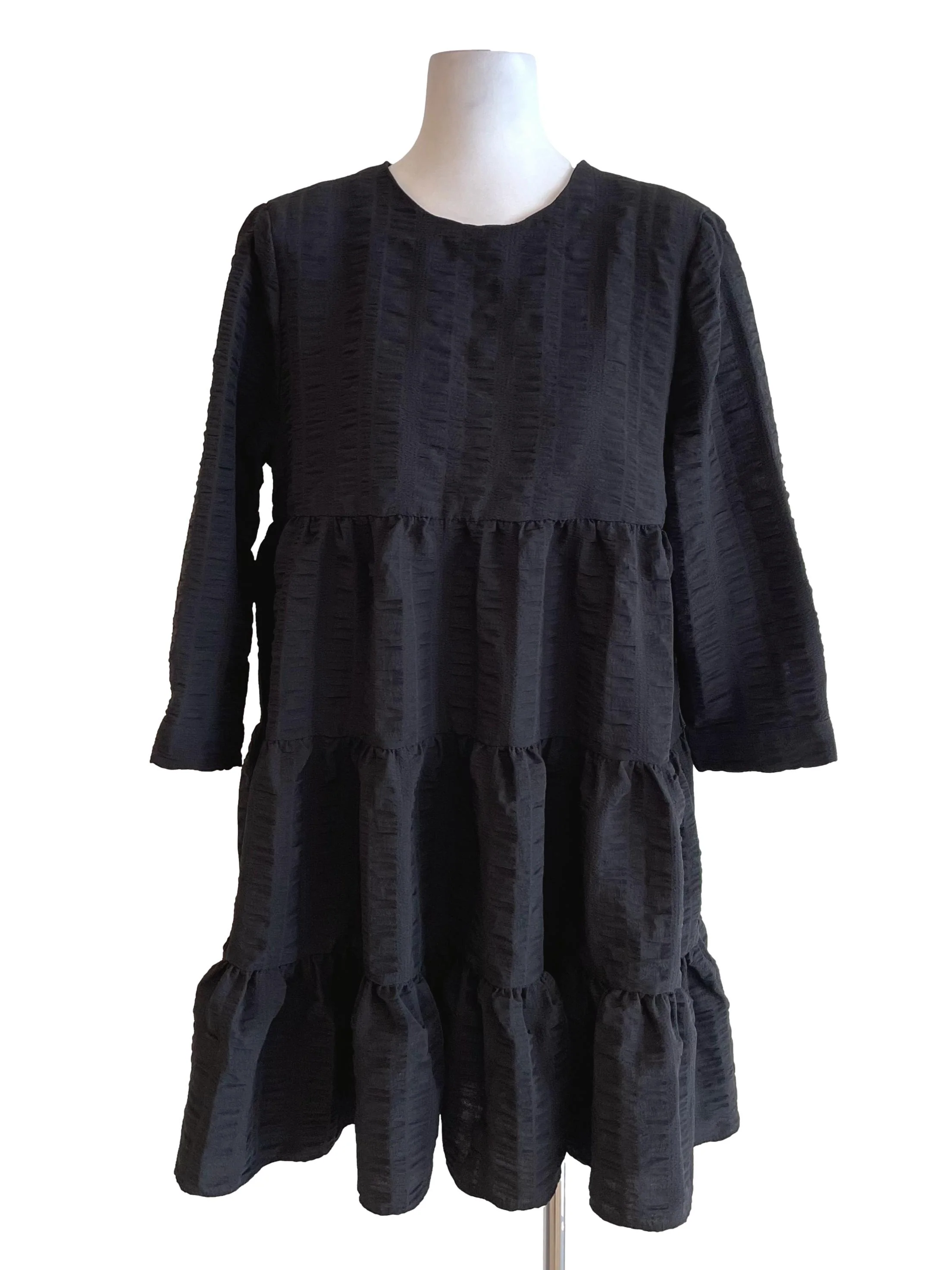 Black Mid Sleeves Tiered Babydoll Dress