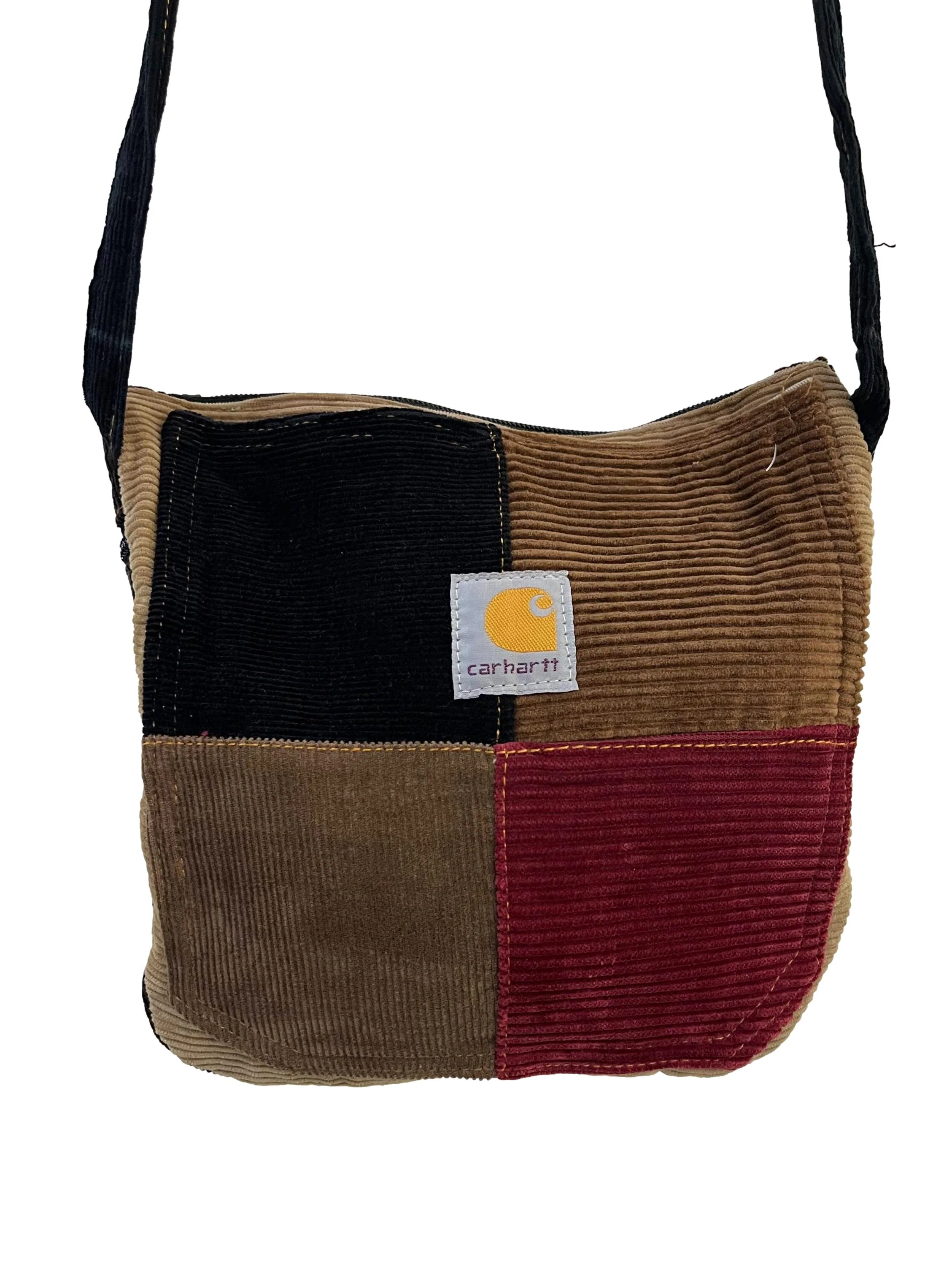 Black Red Patch Corduroy Mini Reworked Crossbody Bag With Black Strap