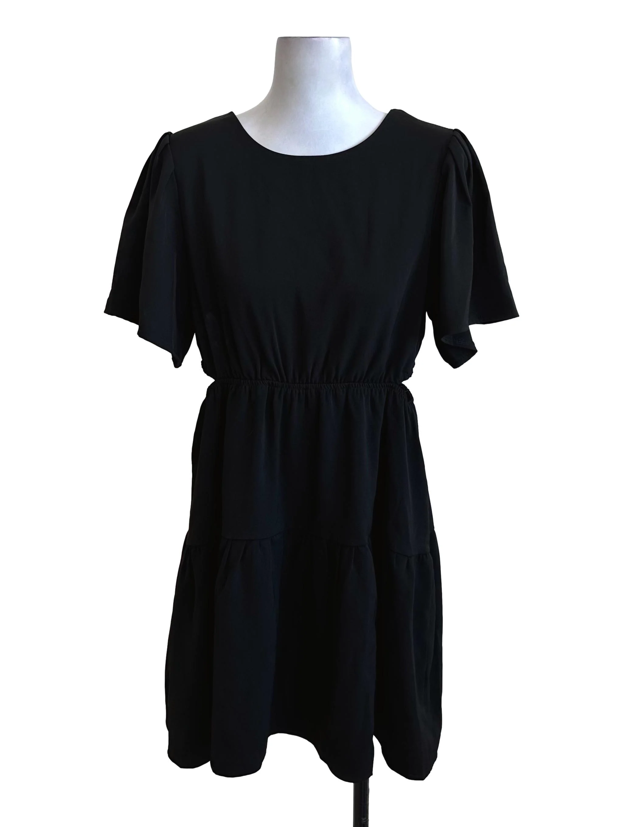 Black Round Neck Side Open Blouson Dress