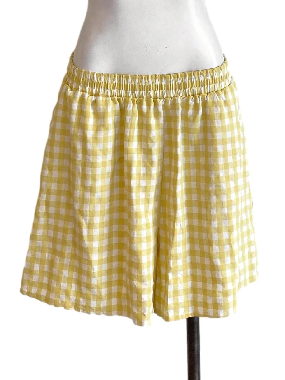 Blonde Yellow Plaid Stretchy Waist Casual Shorts