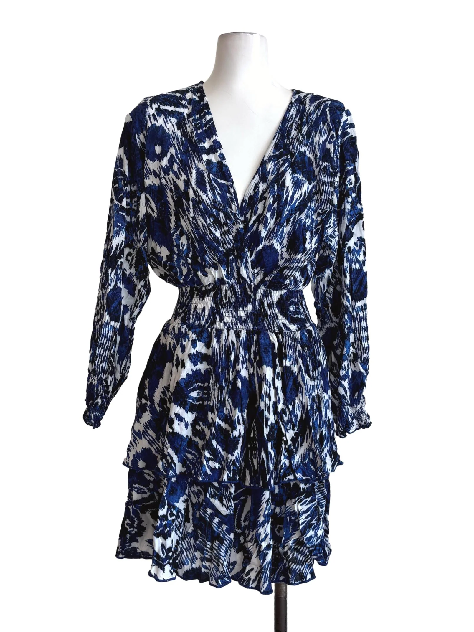 Blue Black Abstract Print Long Sleeve Dress