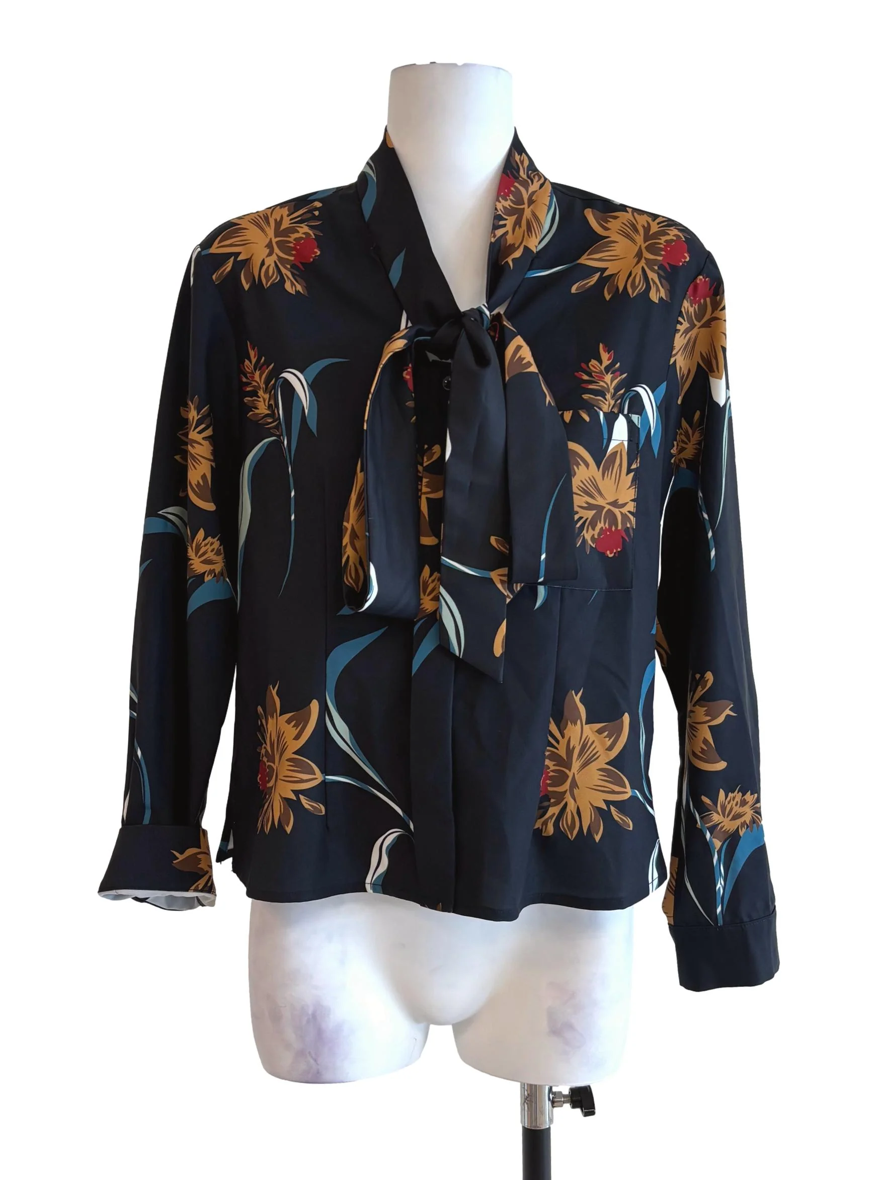 Blue Black Ribbon Tie Blouse LB