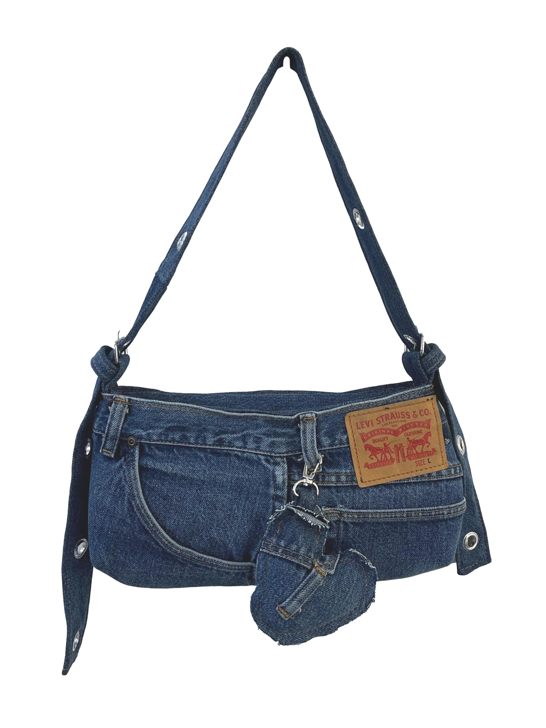 Blue Denim Jeans Reworked Handbag With Heart Charm