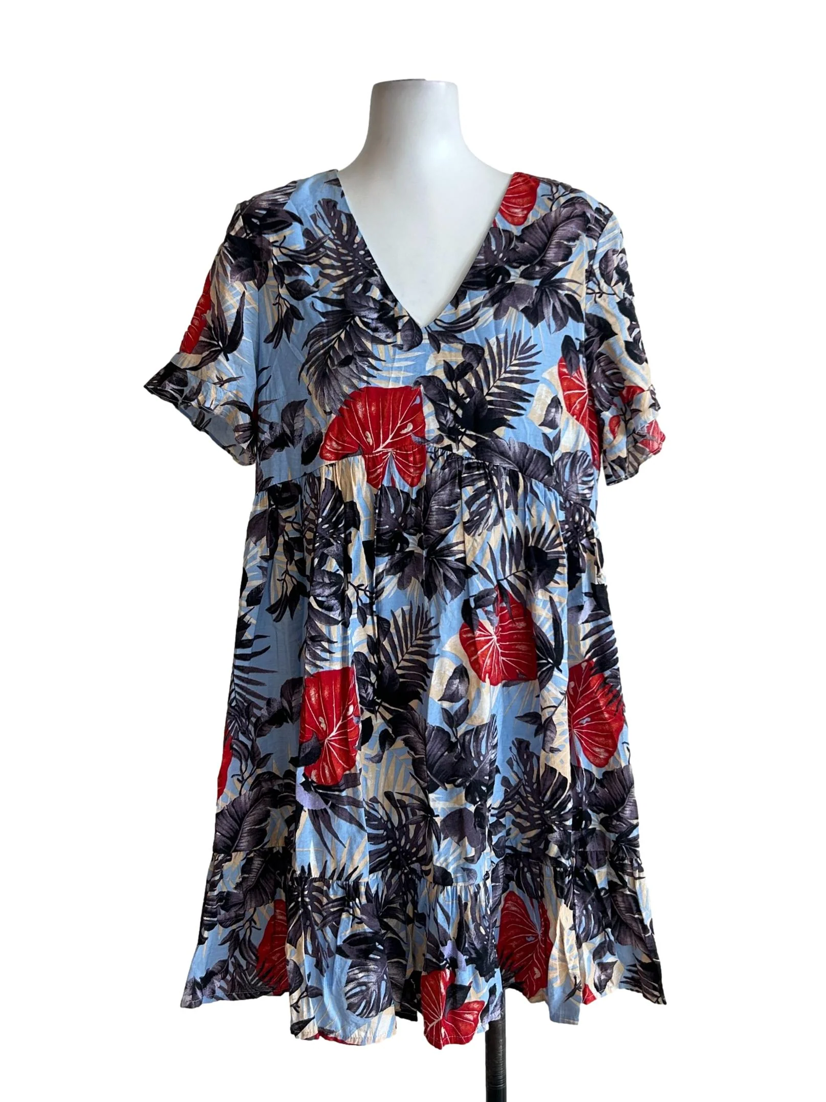 Blue Floral Print V-Neck Dress
