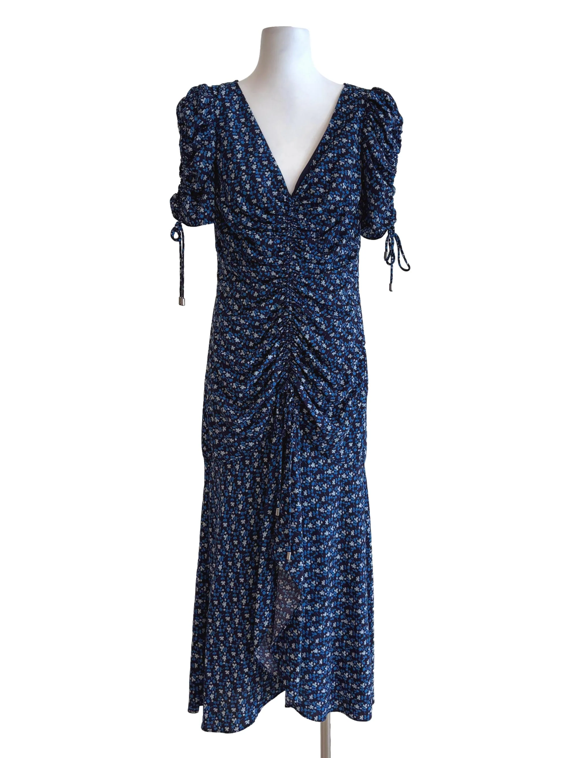 Blue Floral Ruched Drop Waist Dress