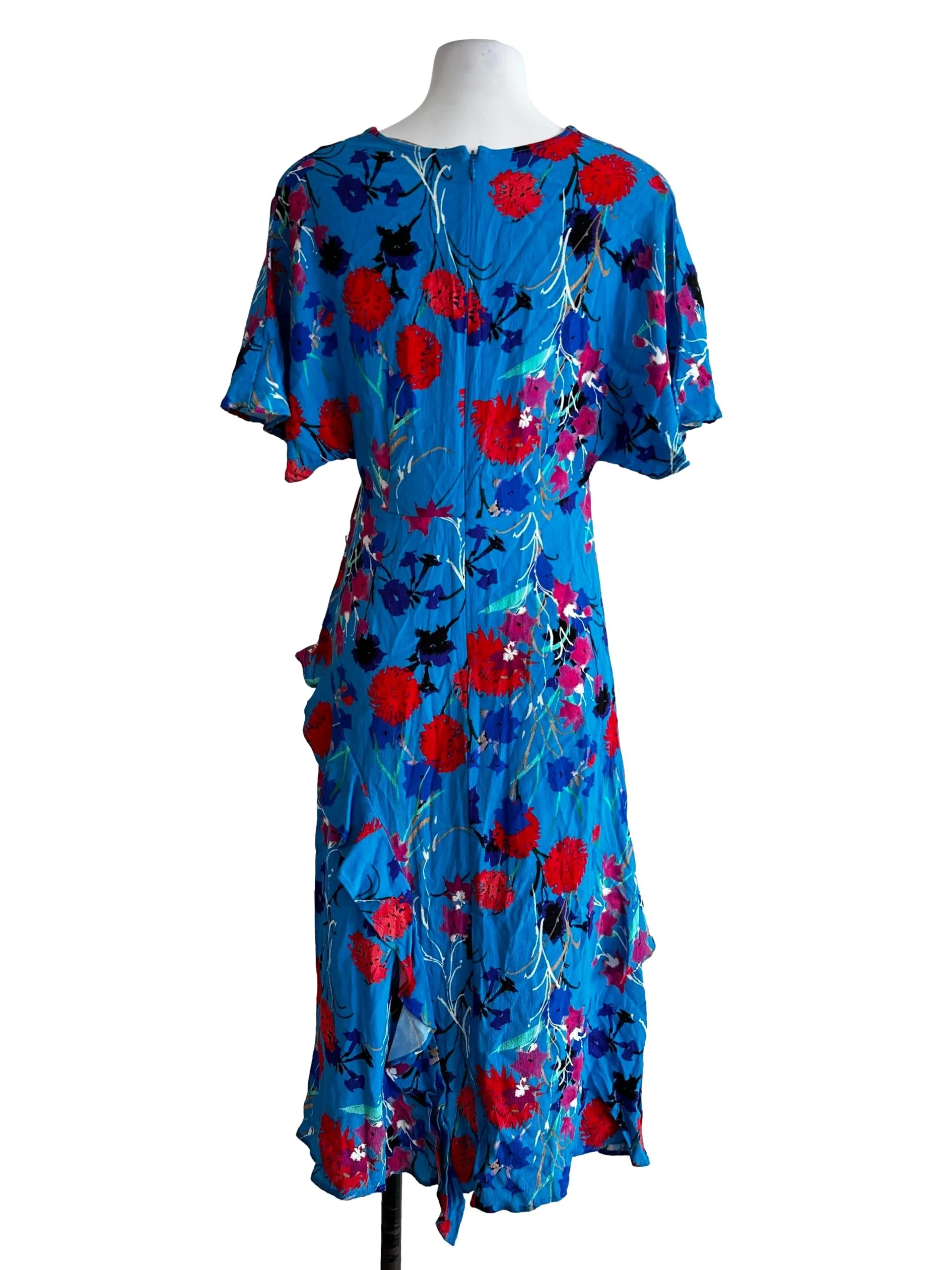 Blue Flower Pattern V Neckline Midi Dress - Image 2