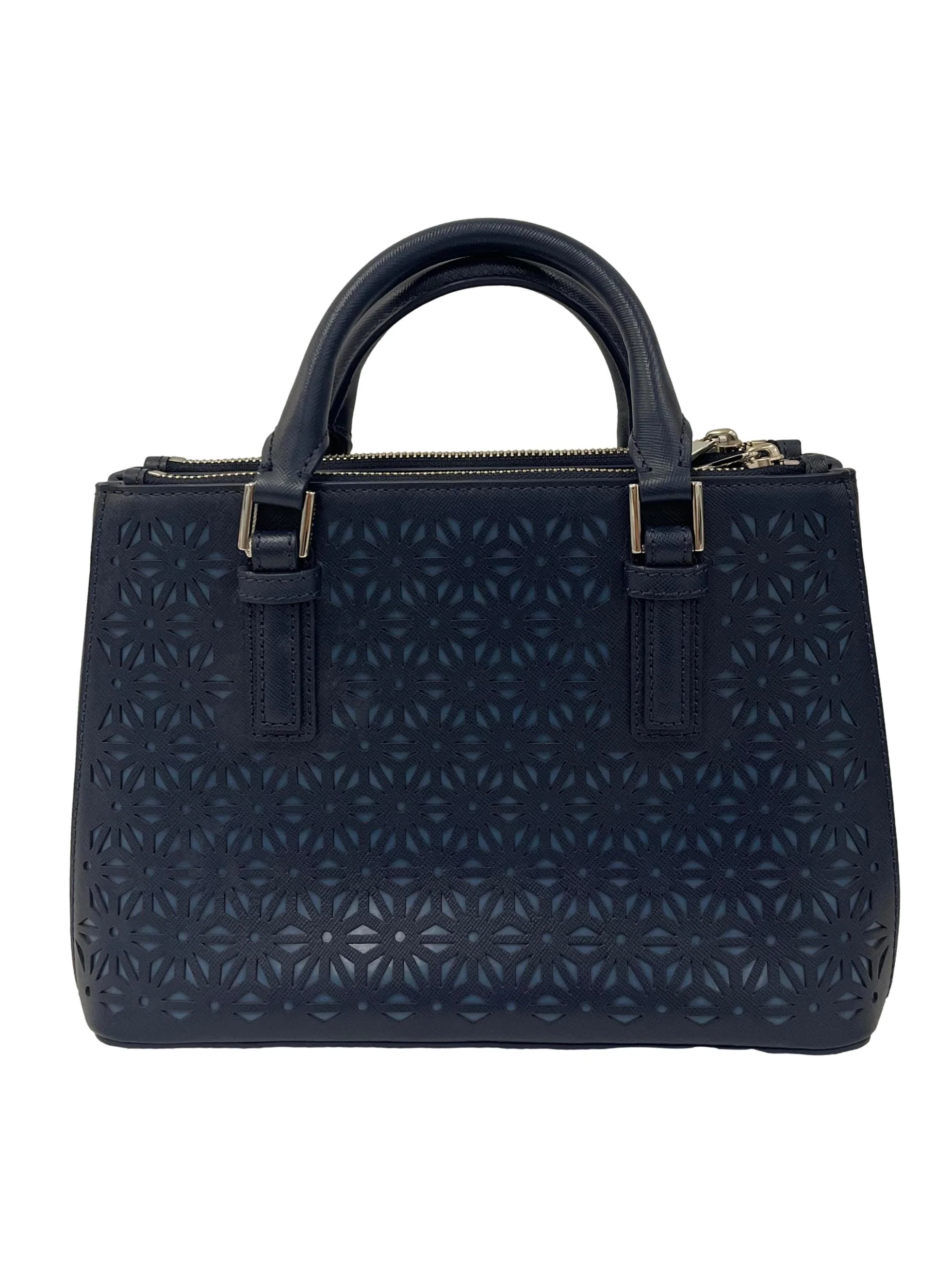 Blue Leather Floral Perforated Shoulder Bag - Image 2