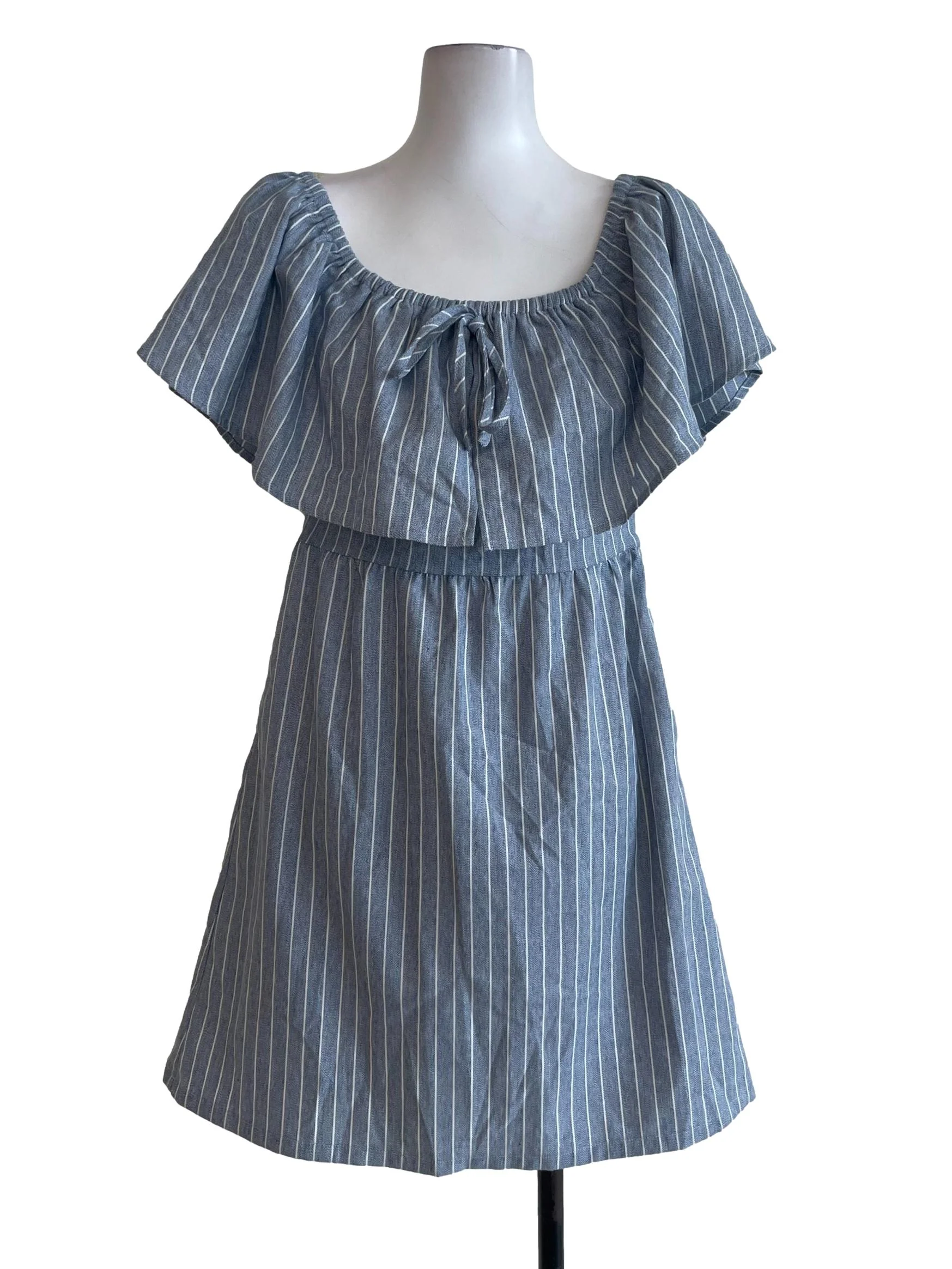Blue With White Stripes Off Shoulder Dress