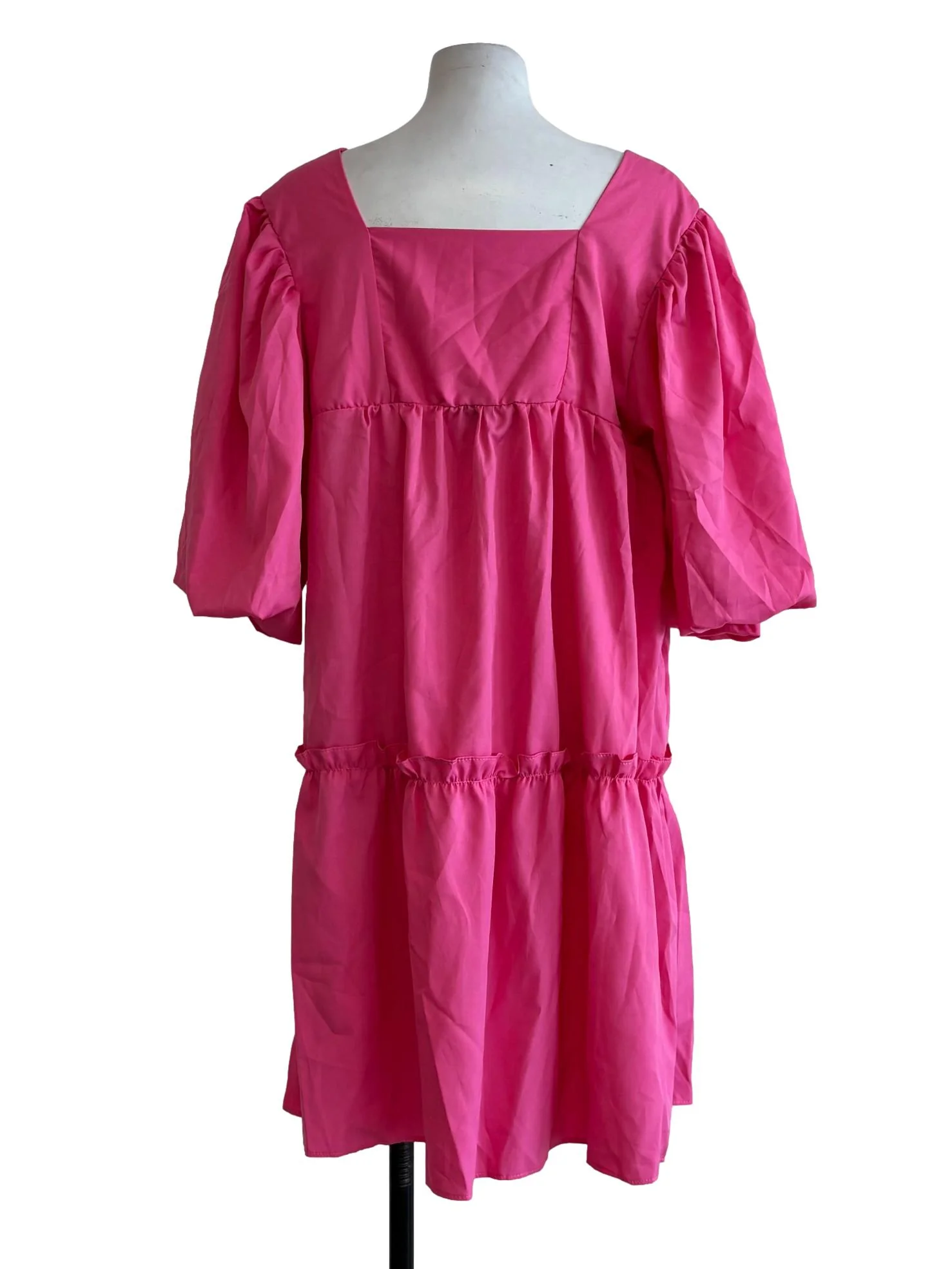 Bright Pink Quarter Puff Sleeve Flare Dress - Image 2