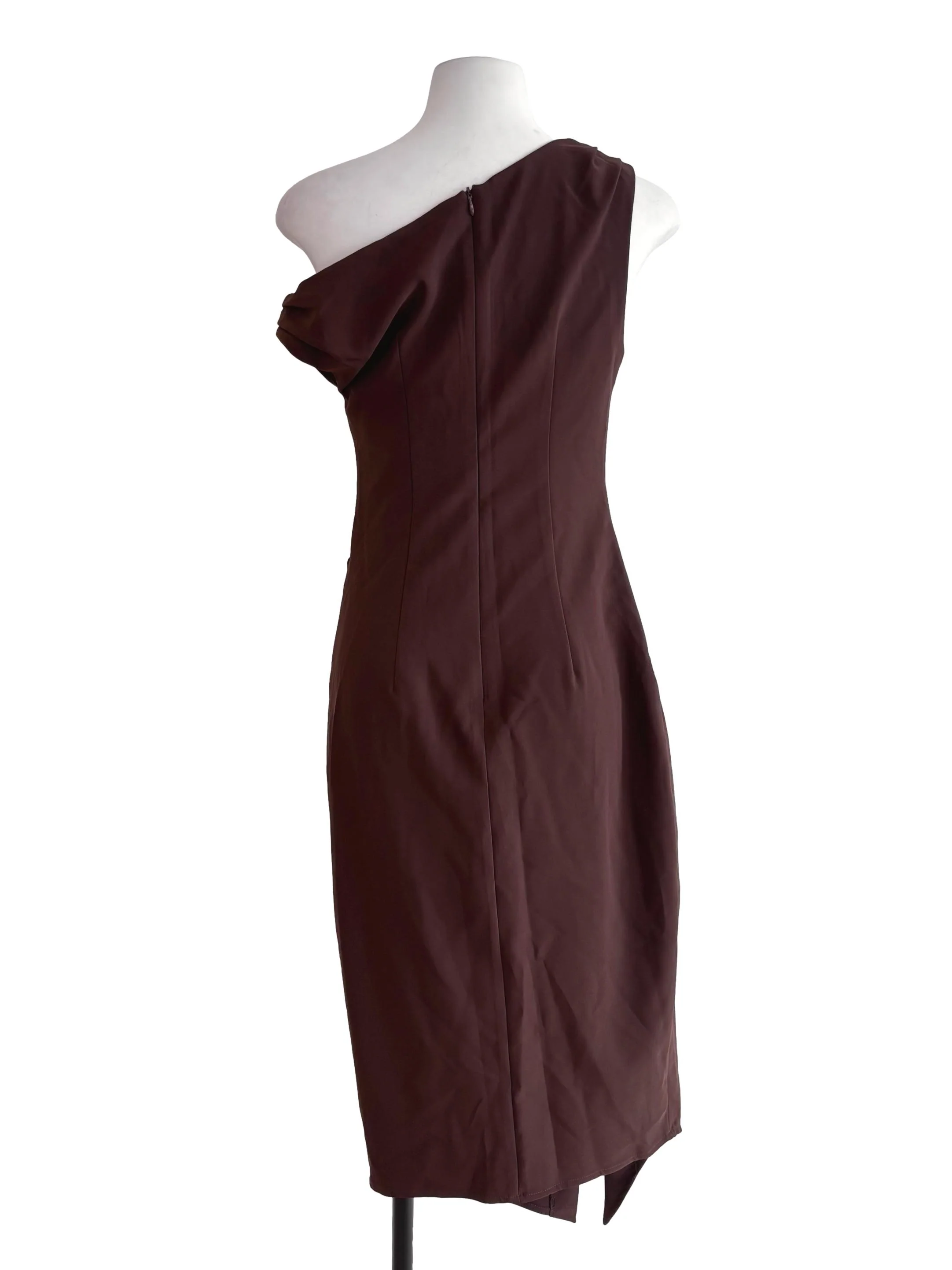 Brown Asymmetric Neckline Pleated Dress - Image 2