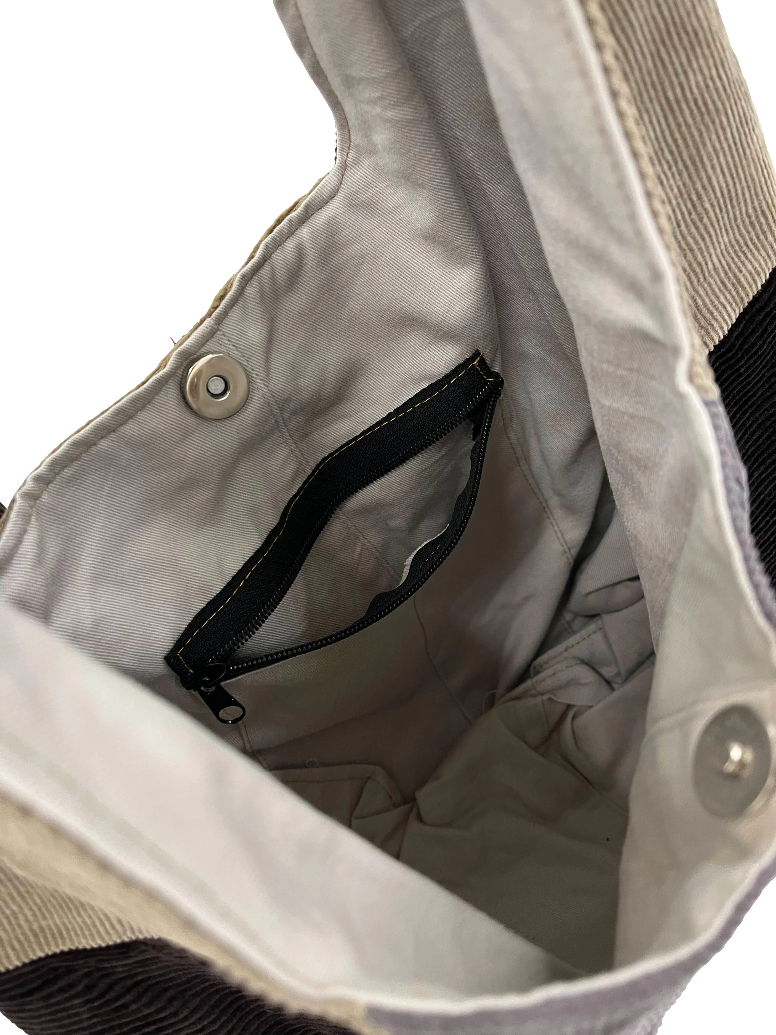 Brown Grey Embroidered Corduroy Crescent Reworked Shoulder Bag - Image 3