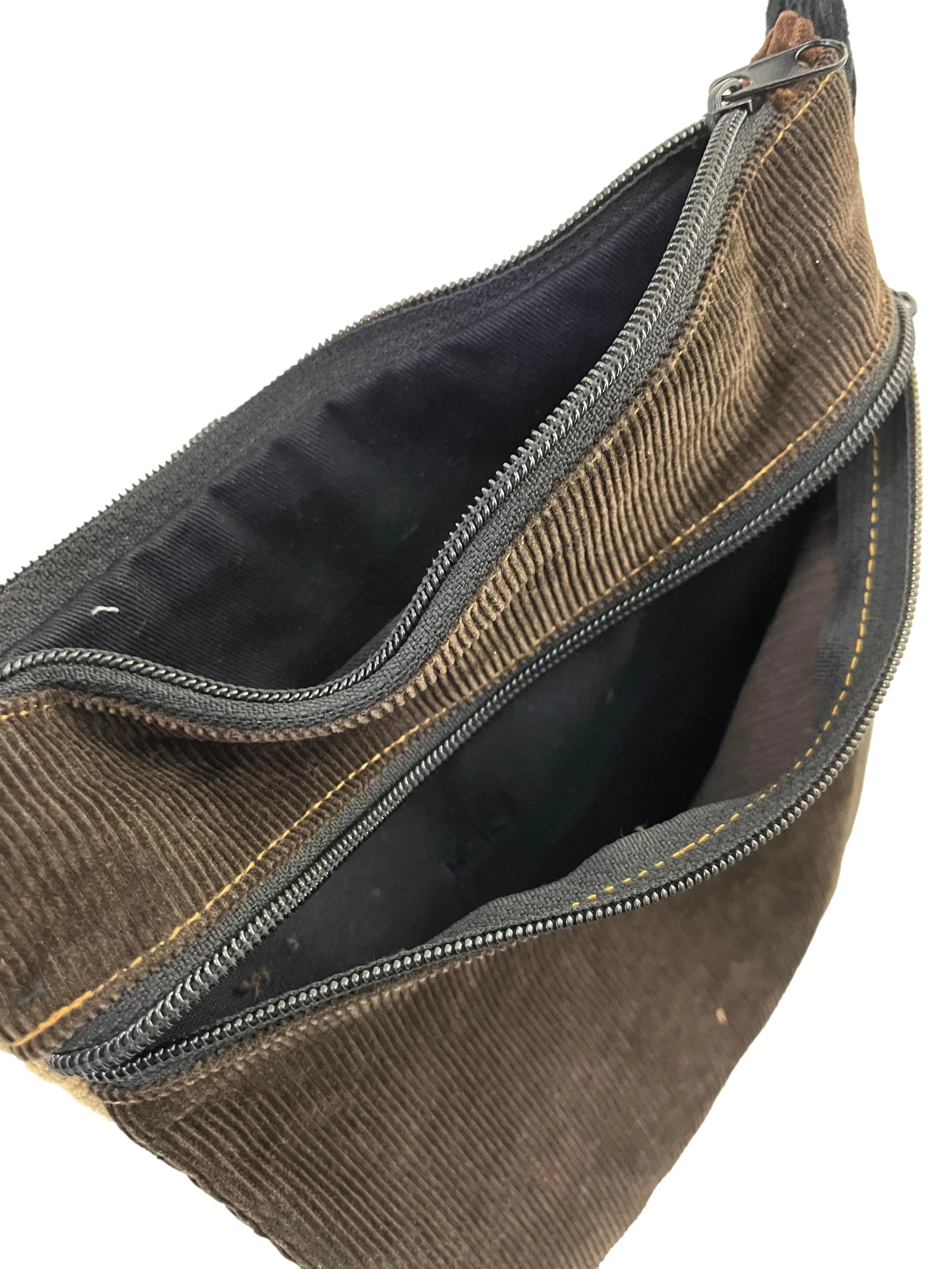 Brown Grey Patch Corduroy Mini Reworked Crossbody Bag With Black Strap - Image 4