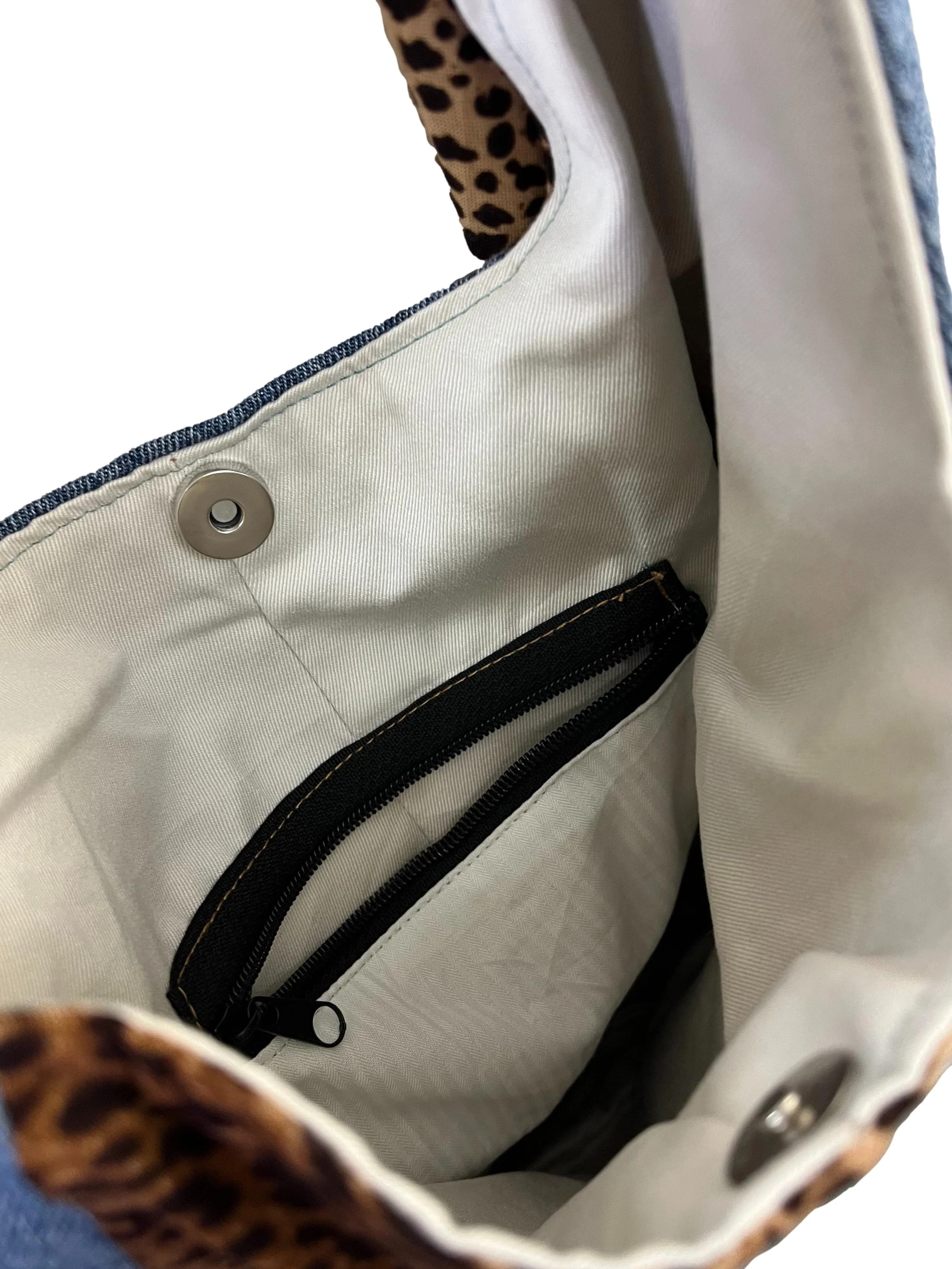 Brown Leopard Print Denim Reworked Shoulder Bag - Image 3