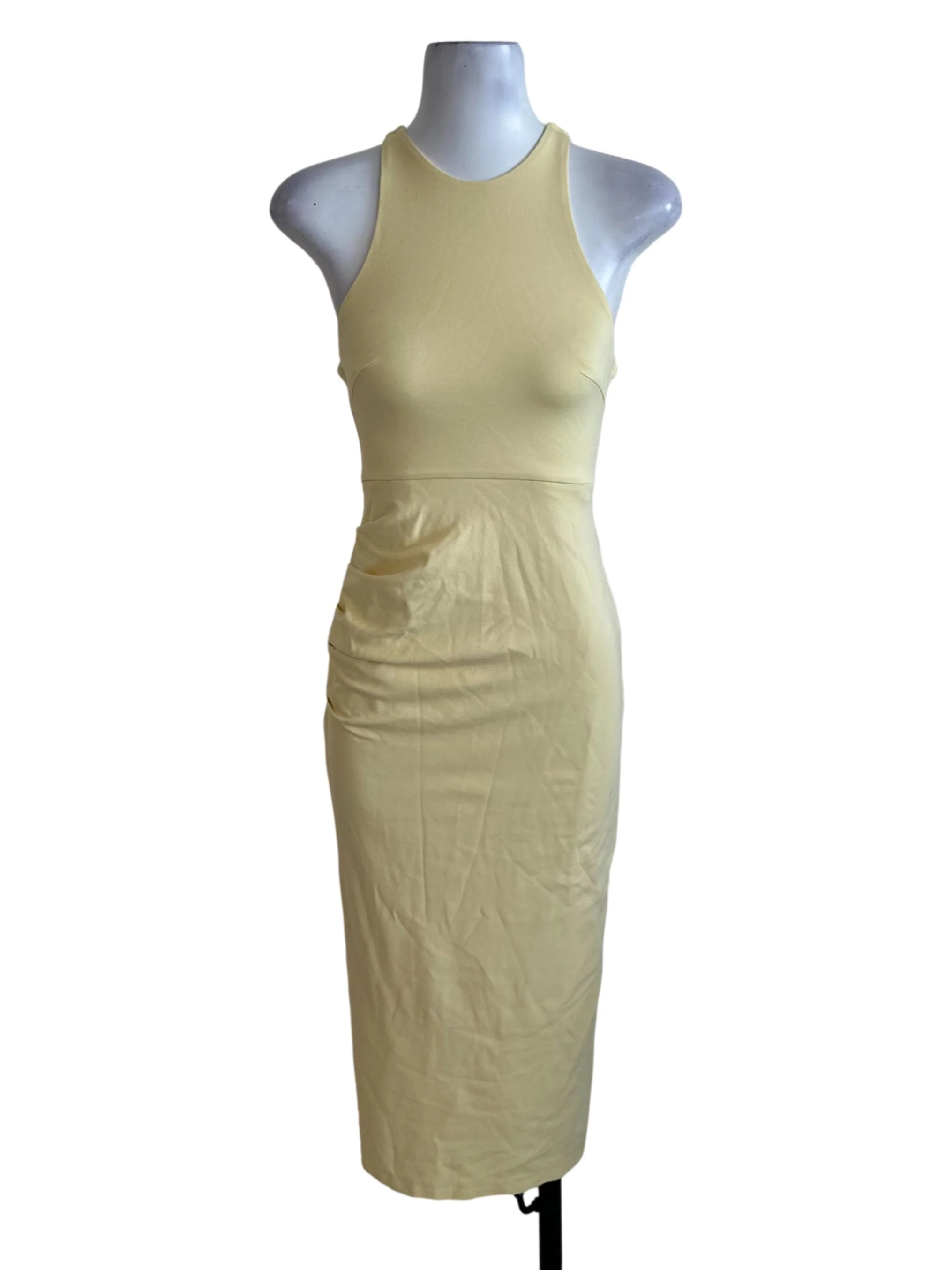 Butter Yellow Halter Side Ruched Slit Dress