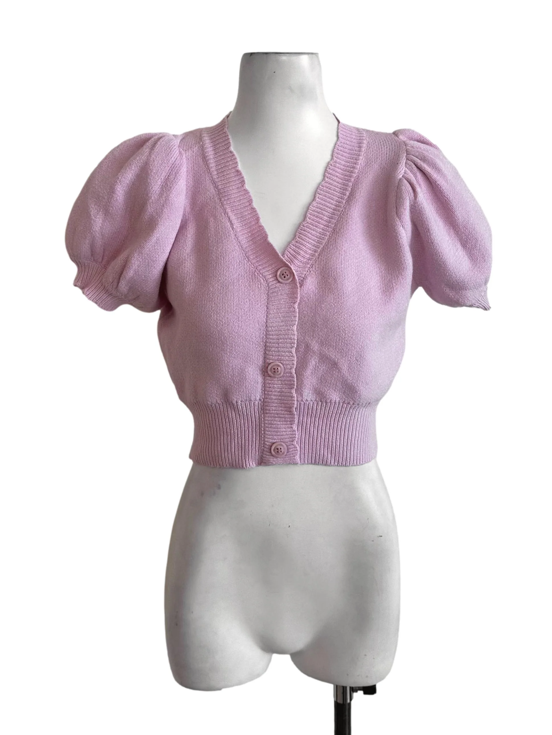 Candy Pink Knit Button Puff Sleeve Top