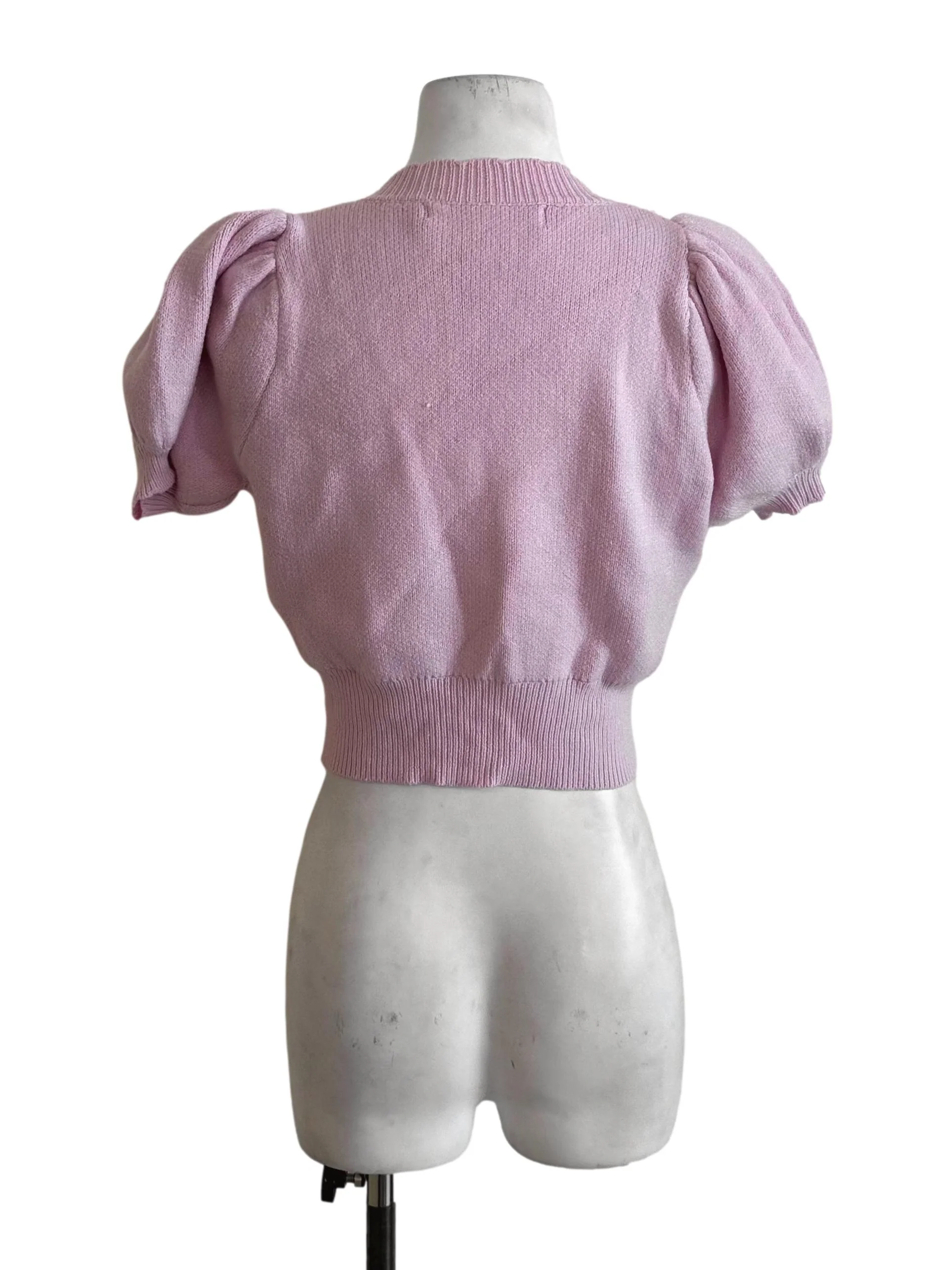 Candy Pink Knit Button Puff Sleeve Top - Image 2