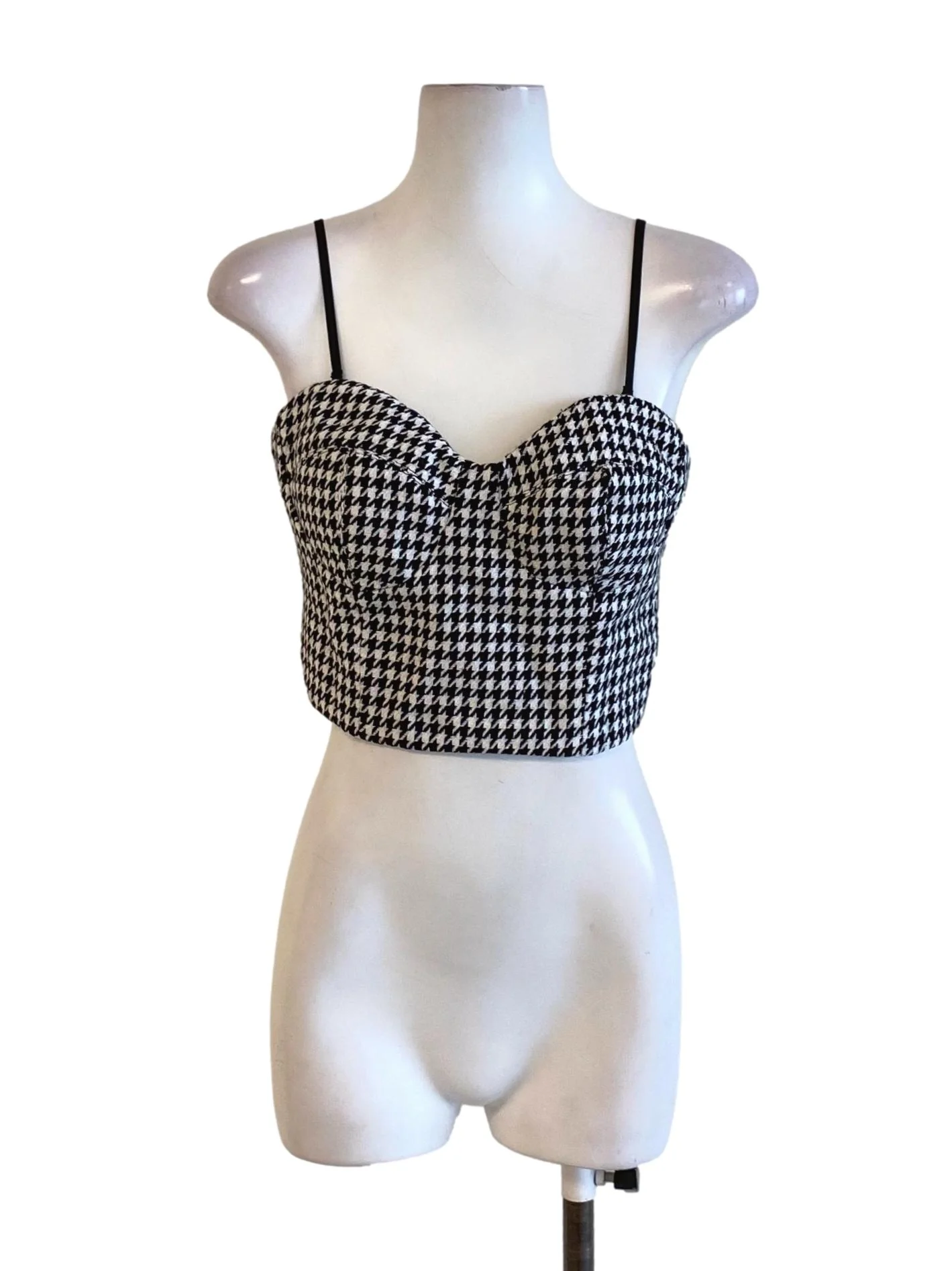 Carbon Black Houndstooth Spaghetti Strap Sweetheart Cropped Top